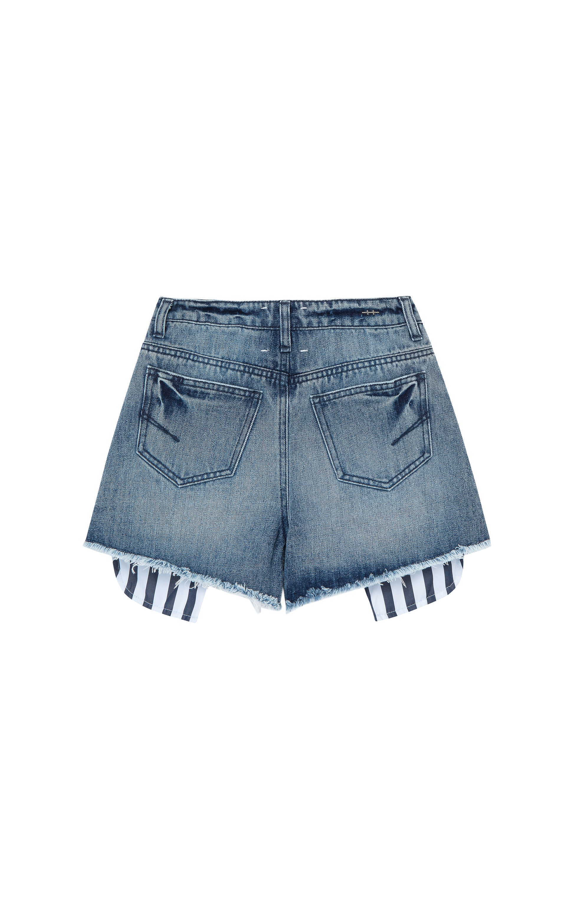 Back of denim shorts with blue-and-white striped exposed pockets