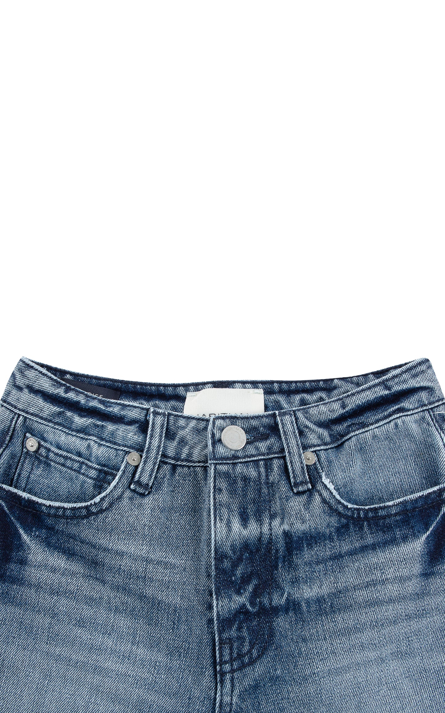 Close up of denim shorts with blue-and-white striped exposed pockets
