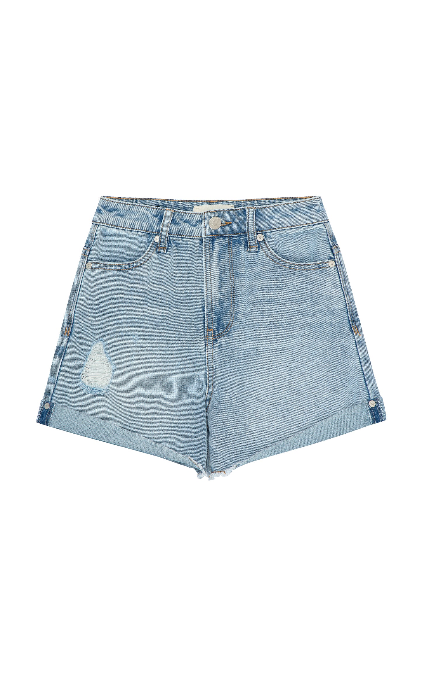 LIGHT BLUE WASH DENIM CUT OFF SHORTS WITH ROLLED HEM AND SLIGHT DISTRESSING