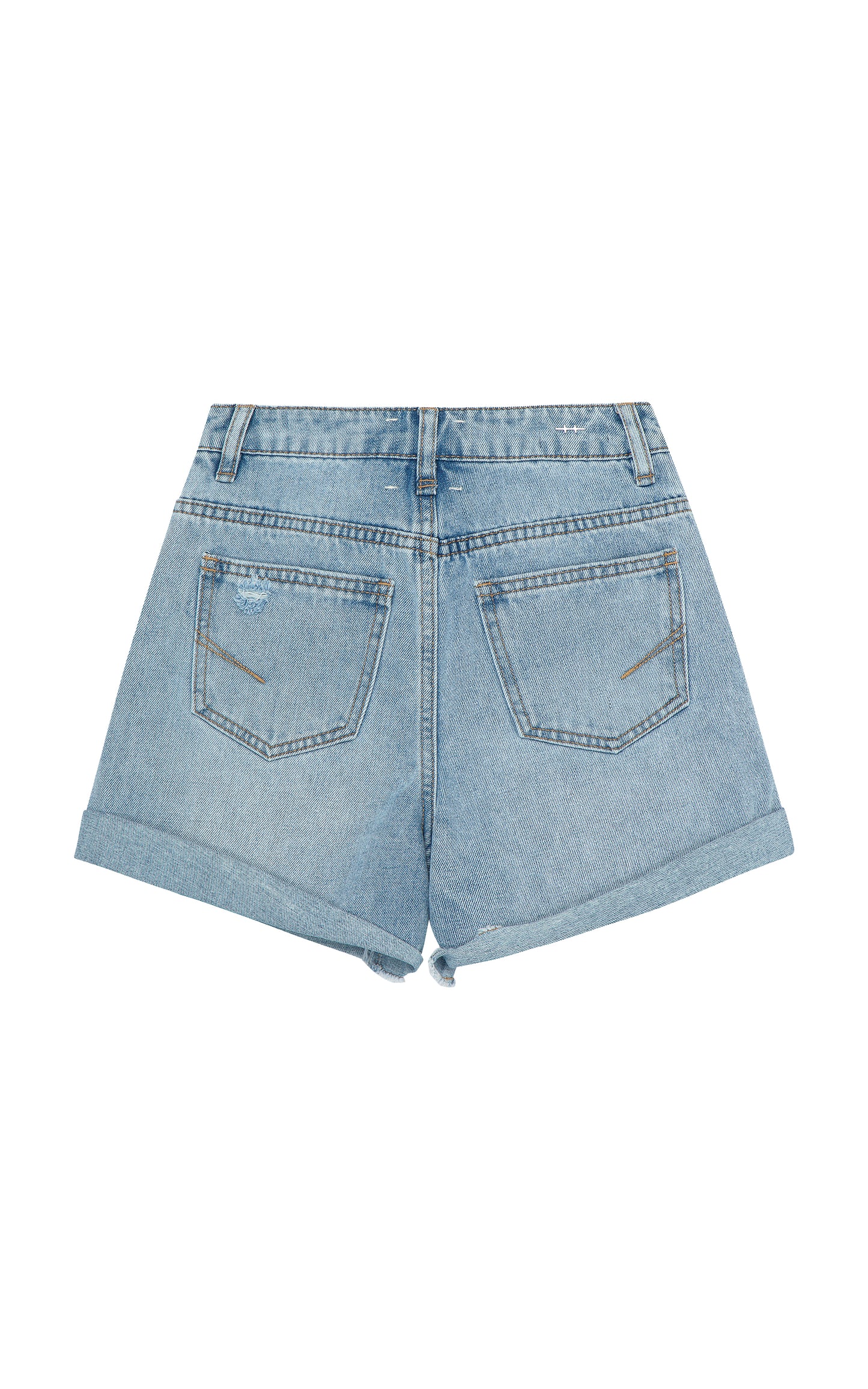 BACK OF LIGHT BLUE WASH DENIM CUT OFF SHORTS WITH ROLLED HEM AND SLIGHT DISTRESSING