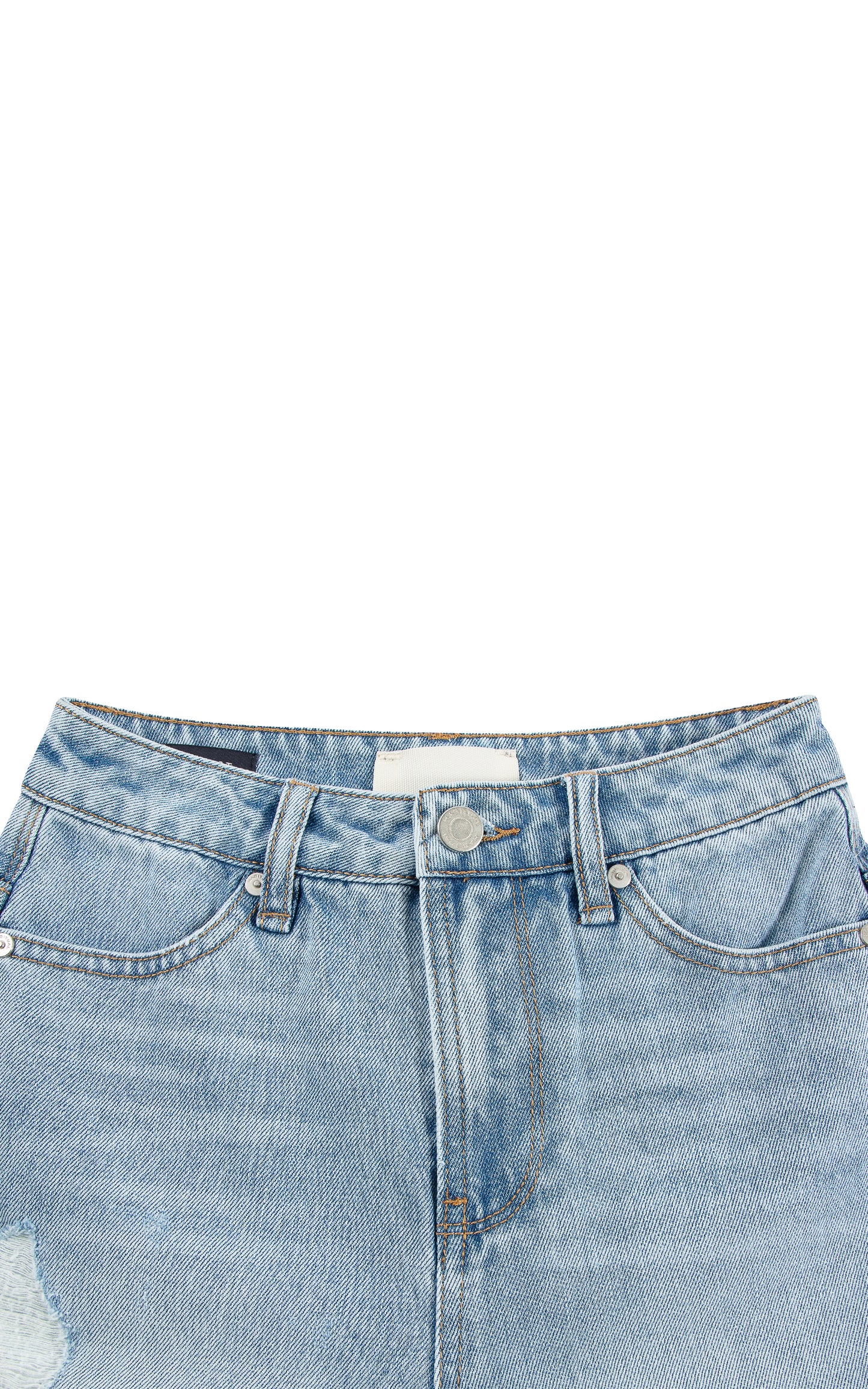 CLOSE UP OF LIGHT BLUE WASH DENIM CUT OFF SHORTS WITH ROLLED HEM AND SLIGHT DISTRESSING