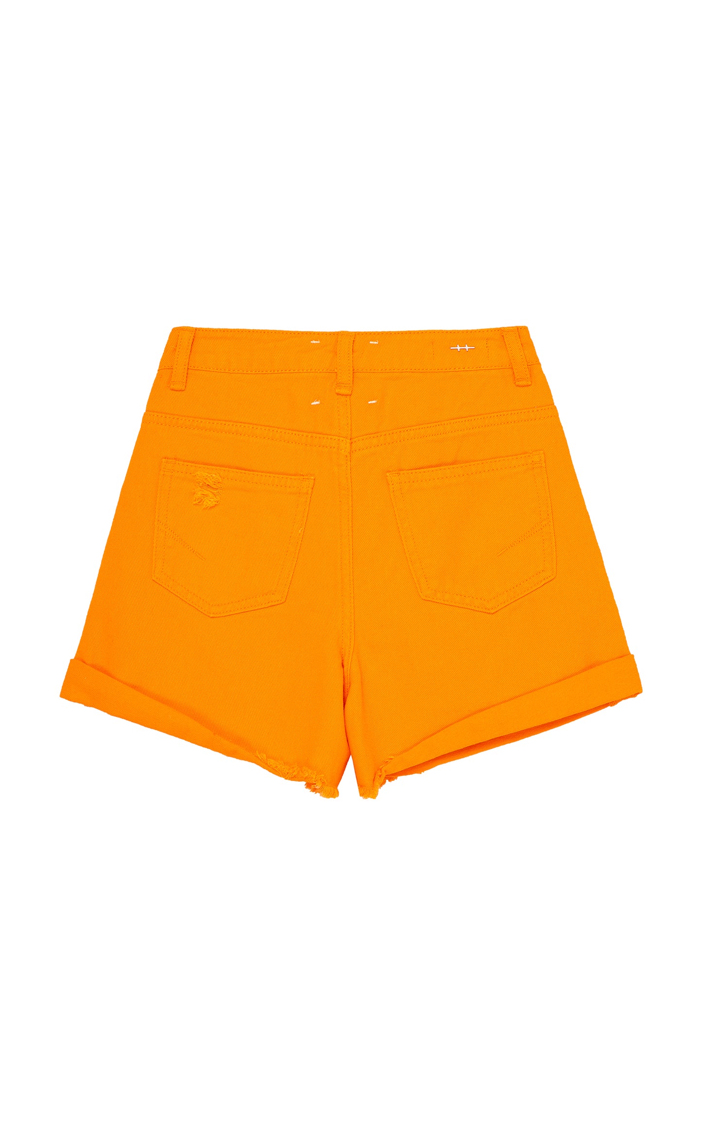 BACK OF BRIGHT ORANGE DENIM CUT OFF SHORTS WITH ROLLED HEM AND SLIGHT DISTRESSING
