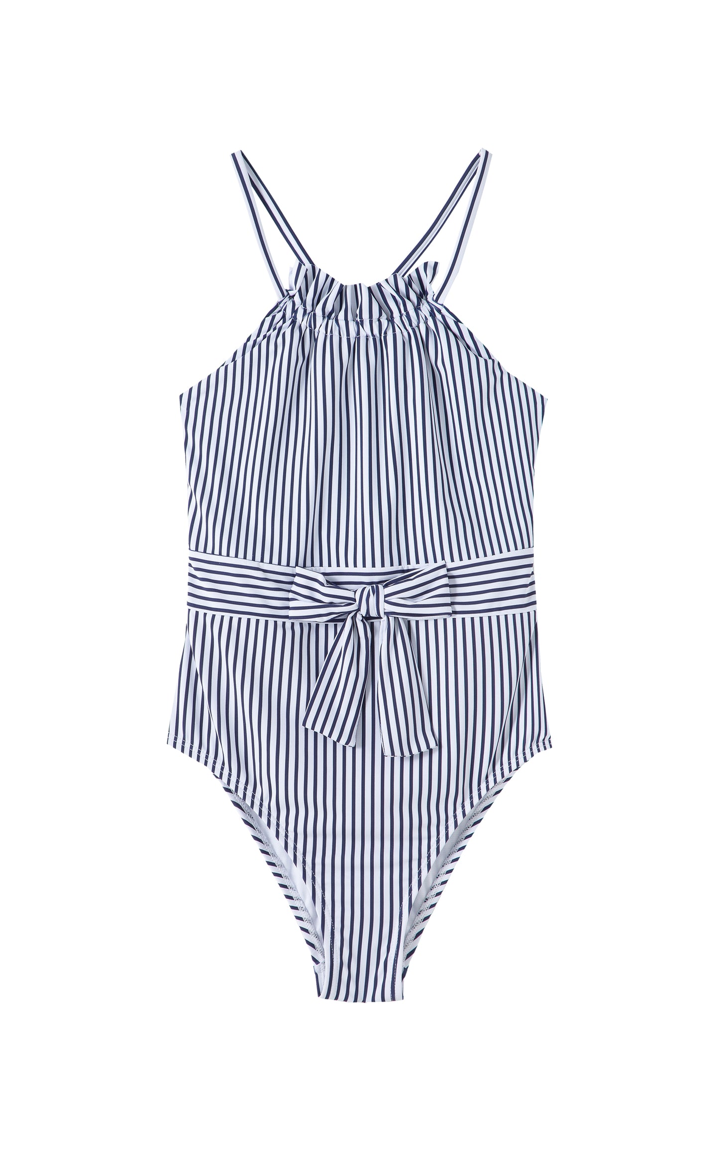 White and blue-striped swimsuit with tie at waist.