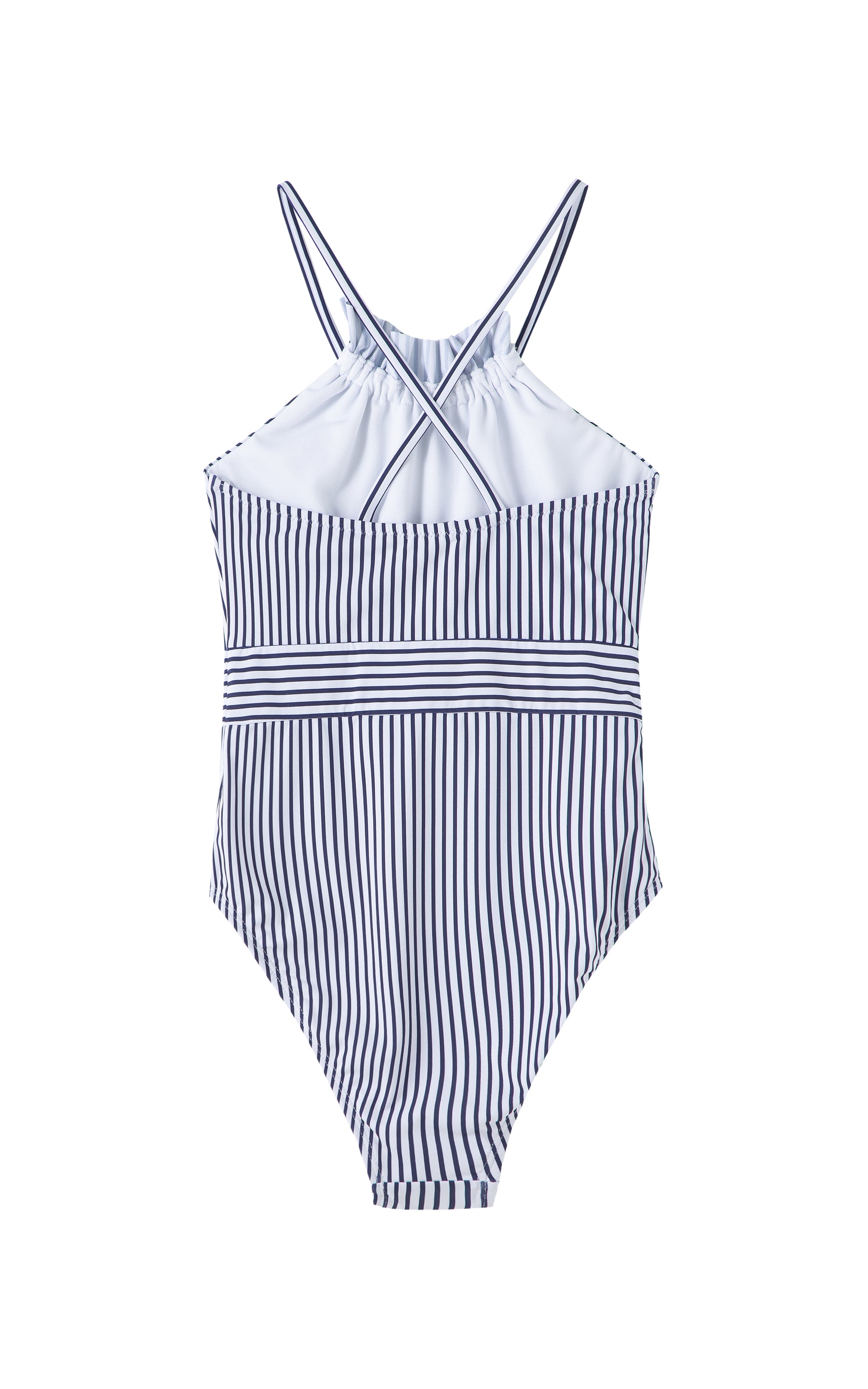 Back view of white and blue-striped swimsuit with tie at waist.