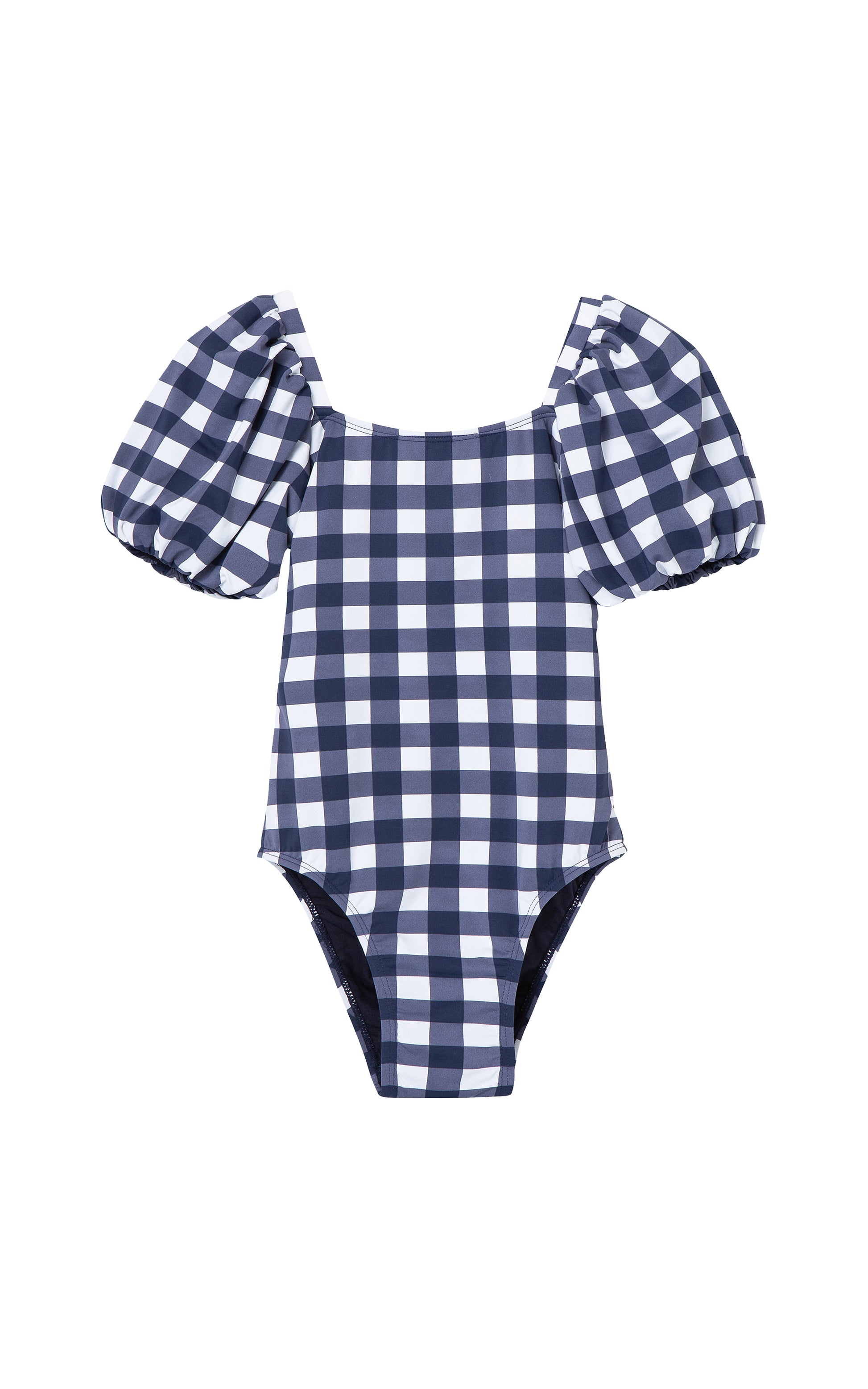 Navy-and-white gingham one-piece swimsuit with bubble sleeves