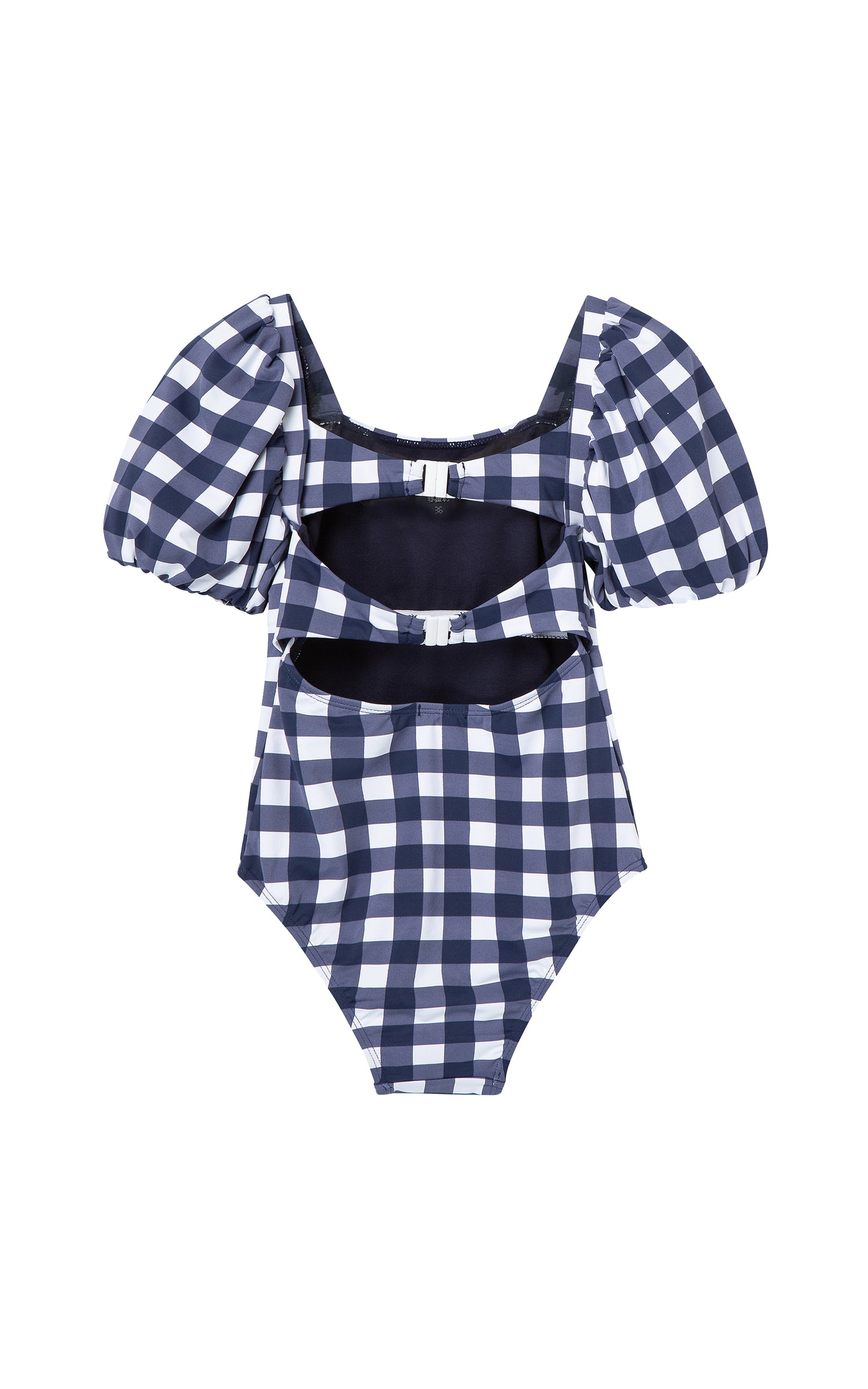 Back of navy-and-white gingham one-piece swimsuit with bubble sleeves