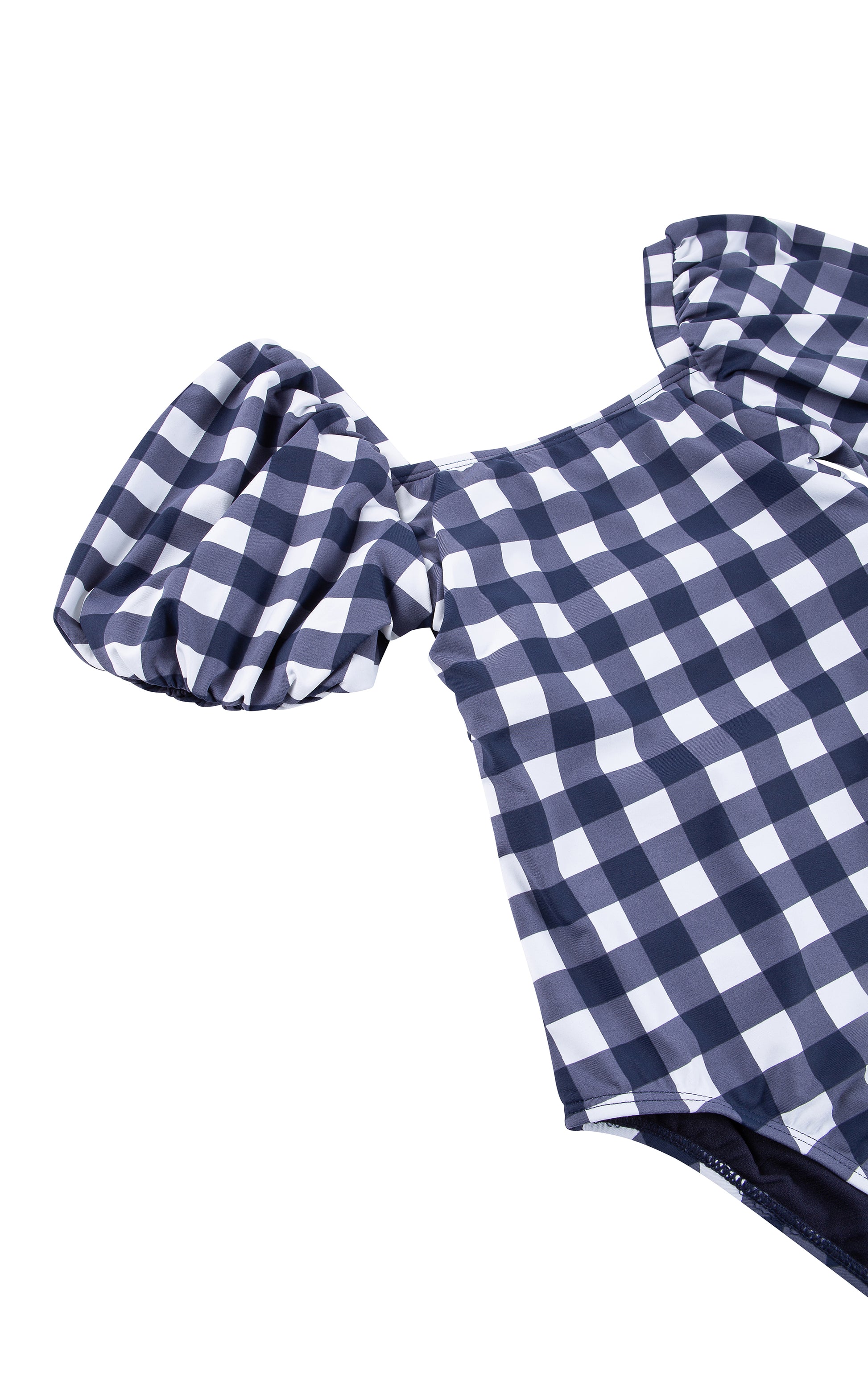 Close up of navy-and-white gingham one-piece swimsuit with bubble sleeves