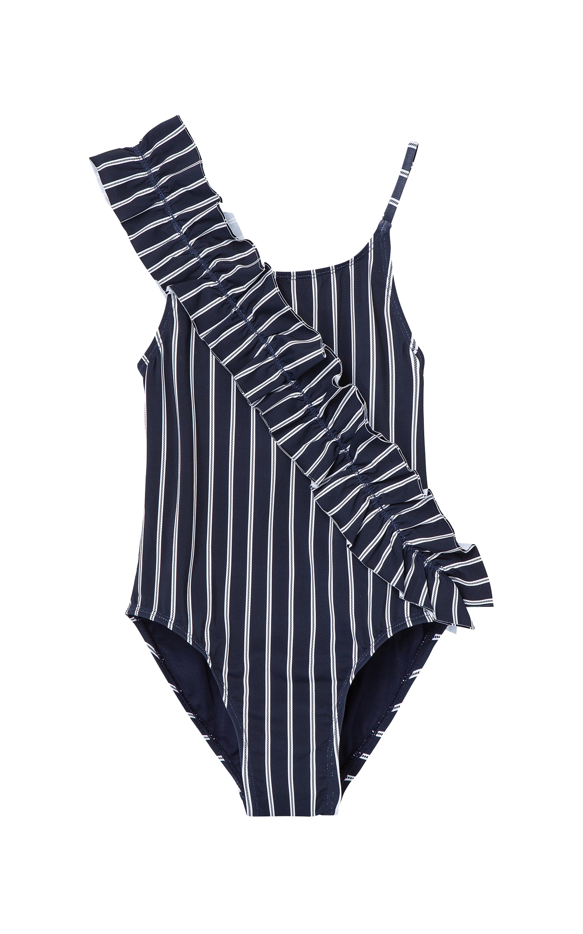 Navy ruched one-piece swimsuit with white stripes