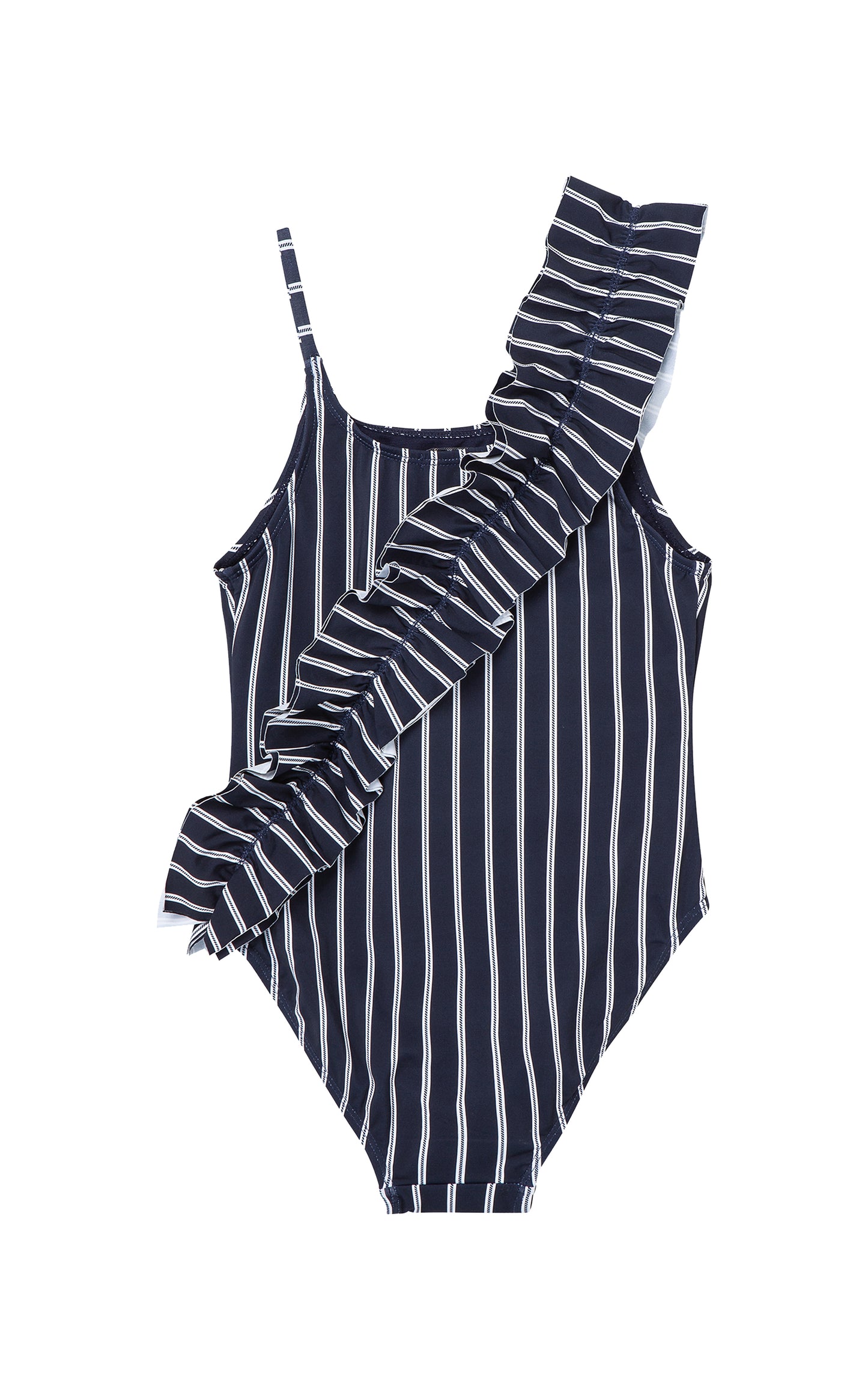 Back of navy ruched one-piece swimsuit with white stripes