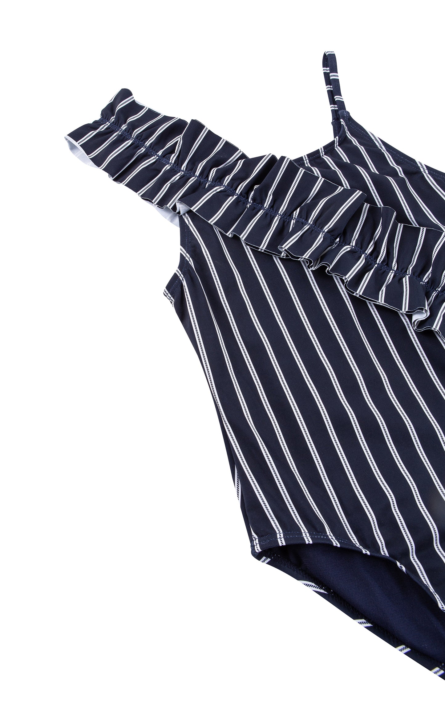 Close up of navy ruched one-piece swimsuit with white stripes