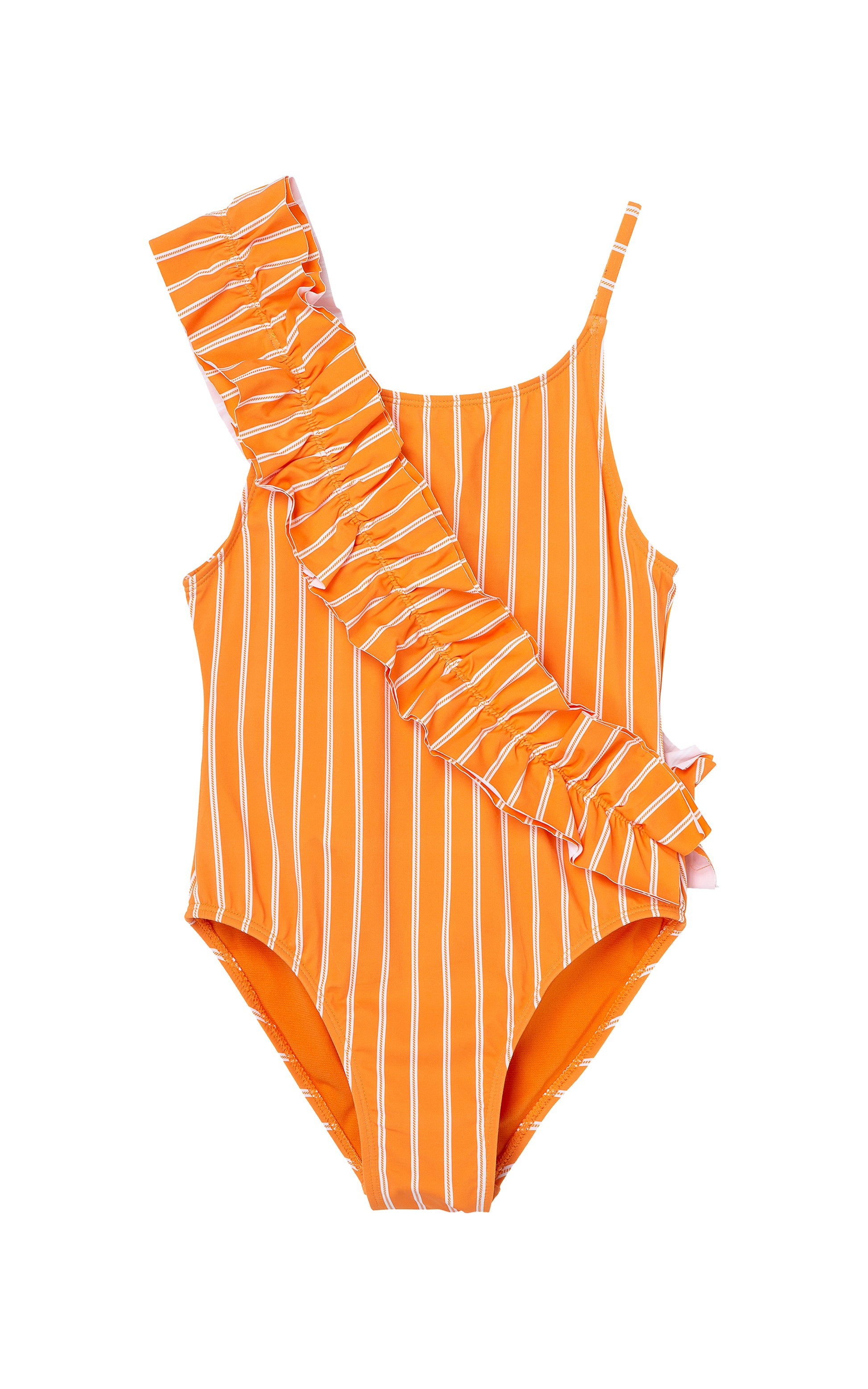 Orange ruched one-piece swimsuit with white stripes