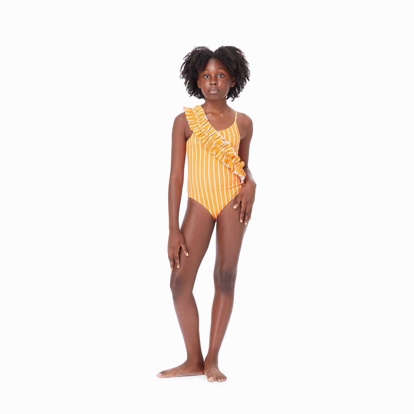 Girl wearing orange ruched one-piece swimsuit with white stripes