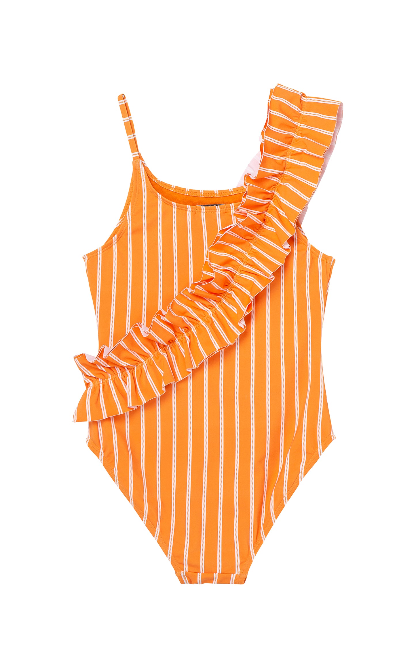 Back of orange ruched one-piece swimsuit with white stripes
