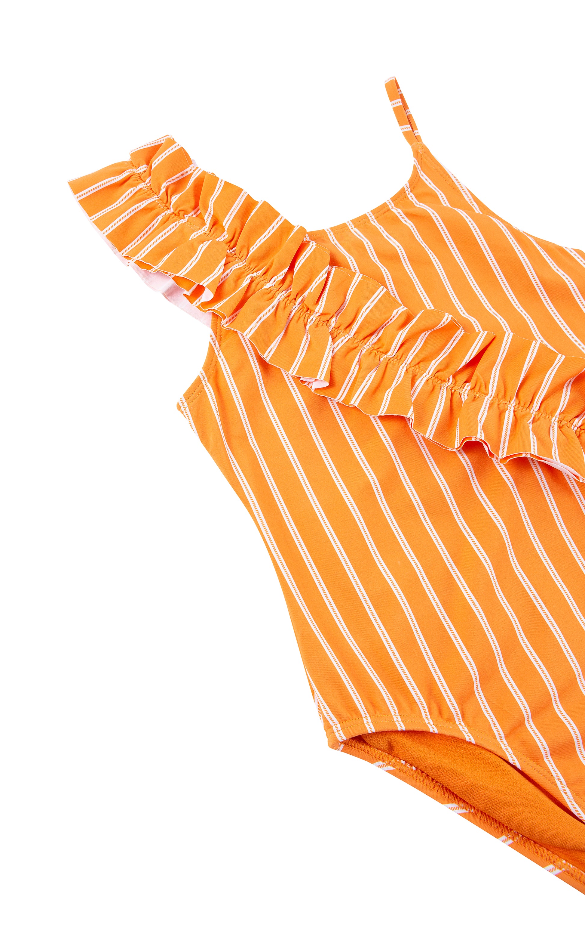 Close up of orange ruched one-piece swimsuit with white stripes