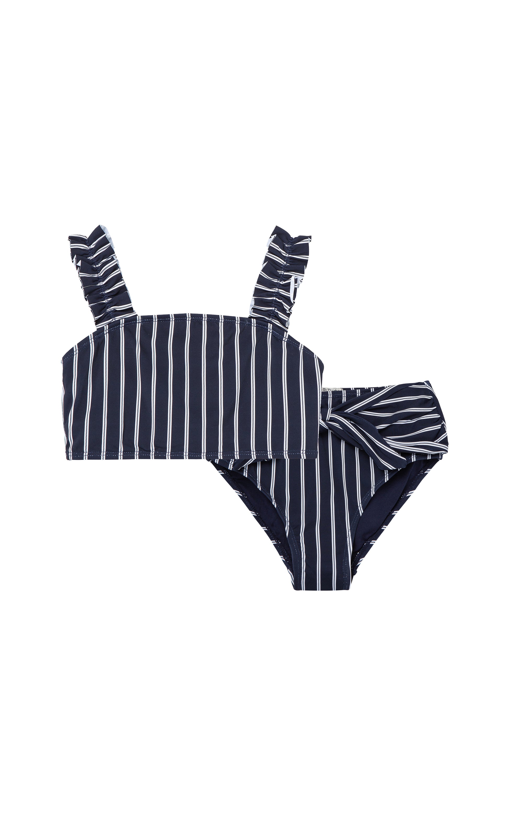 Navy two-piece swimsuit with white stripes and bow