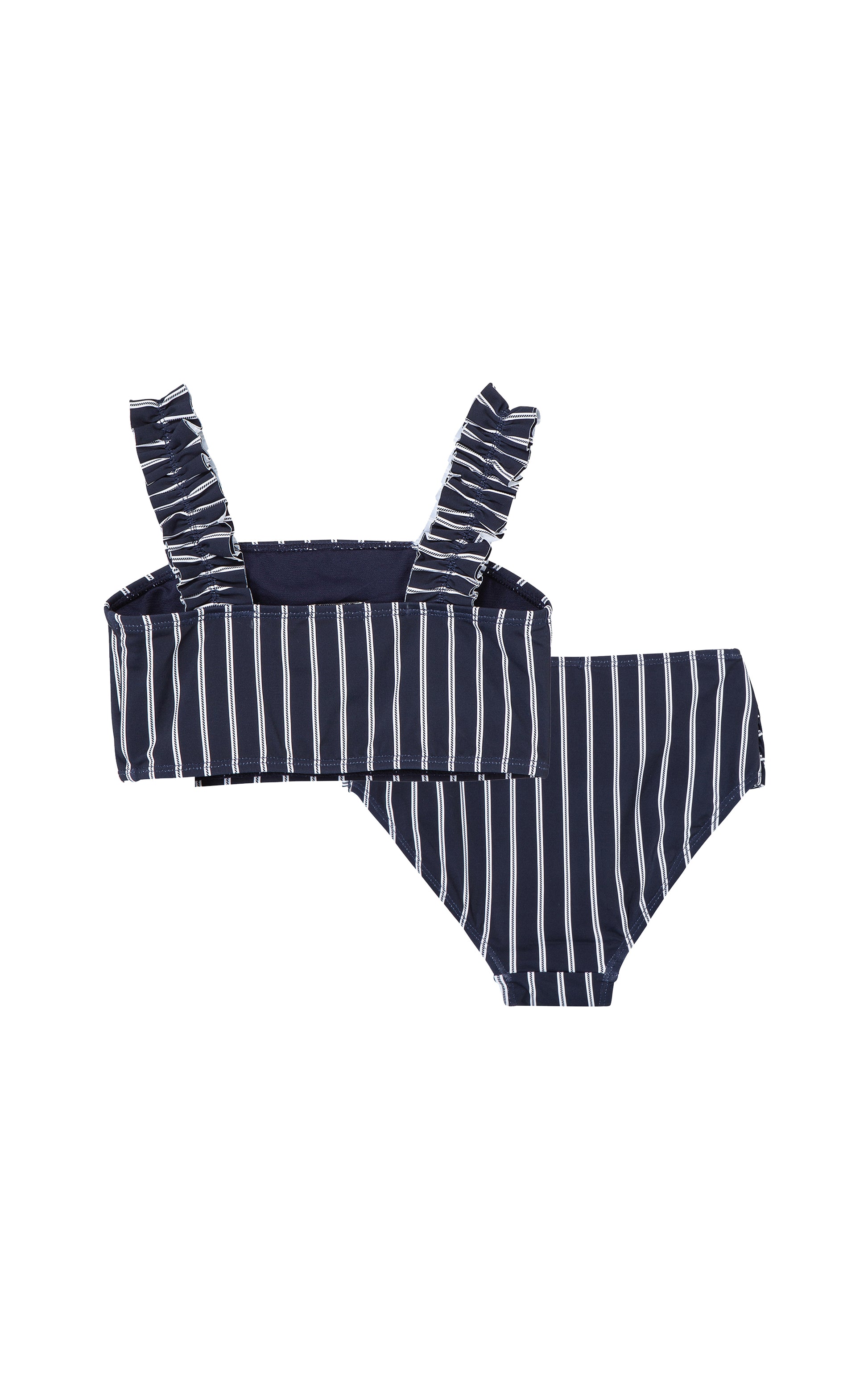 Back of navy two-piece swimsuit with white stripes and bow