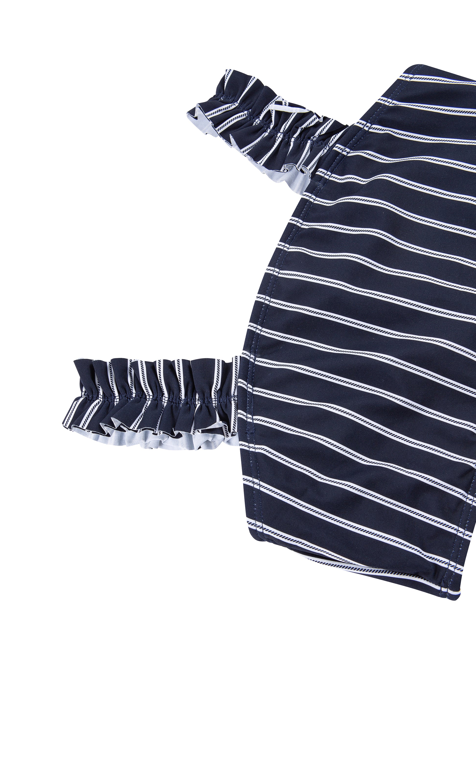 Close up of navy top with white stripes