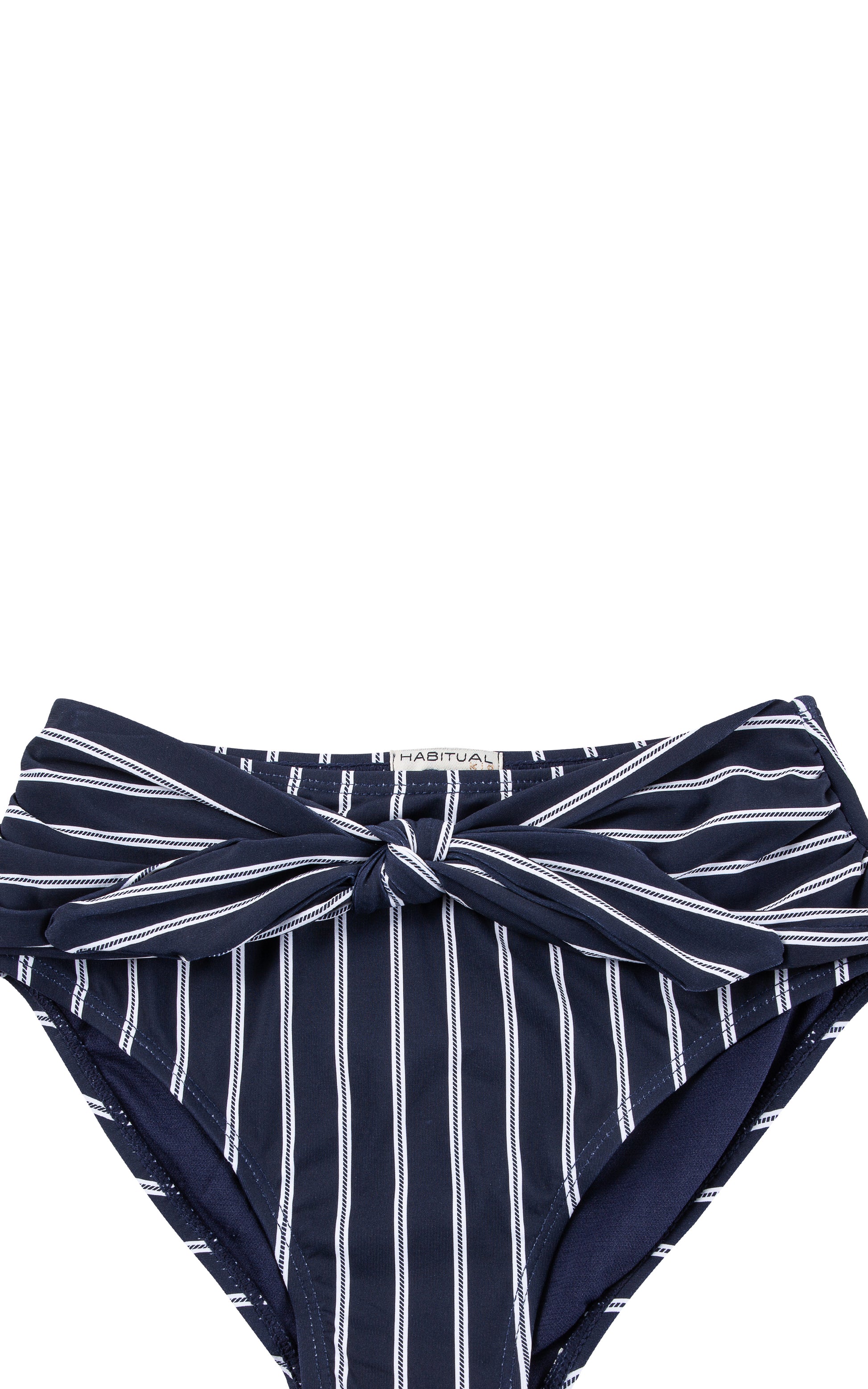 Close up of navy bottom with white stripes
