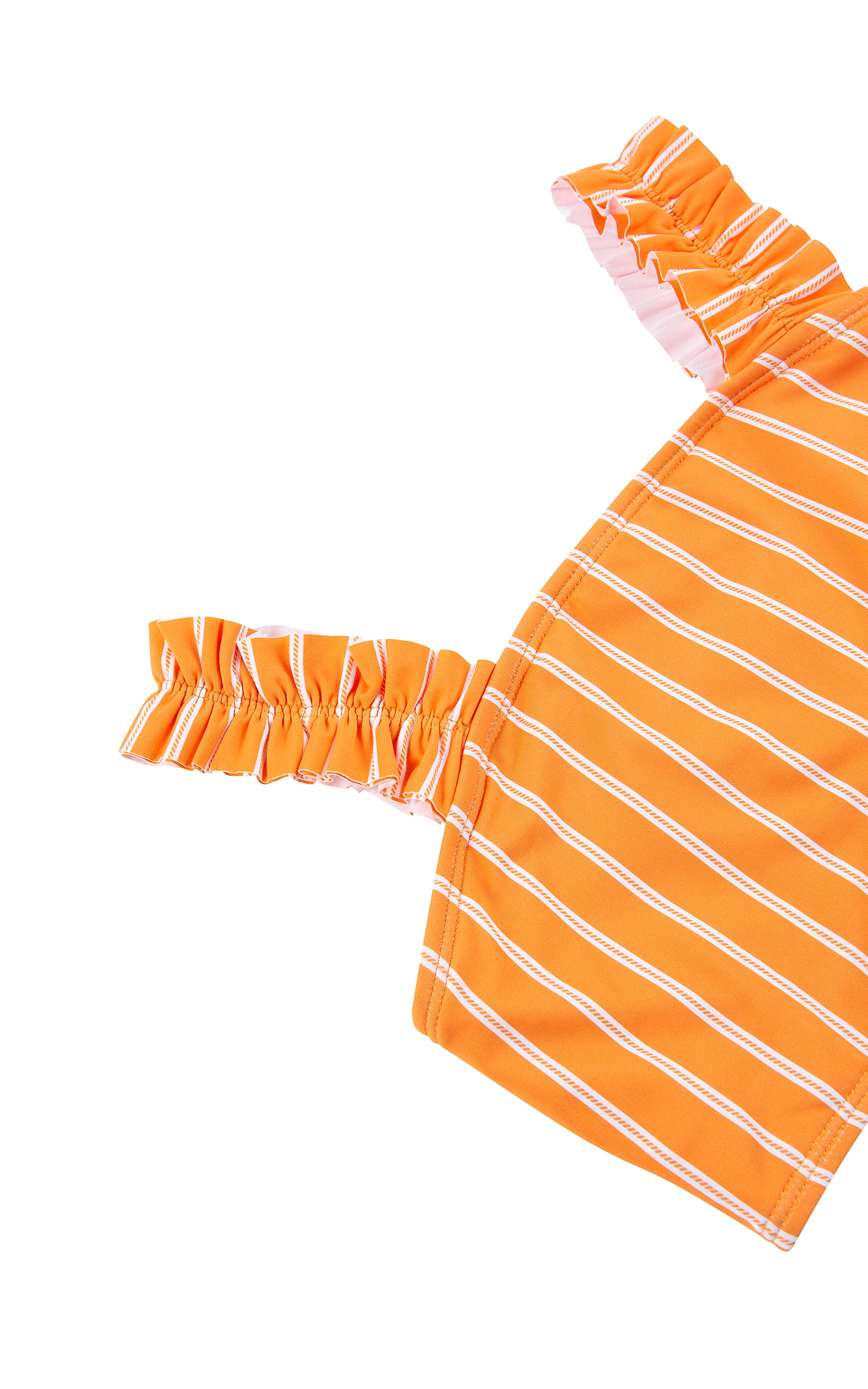 Back of orange two-piece swimsuit with white stripes and bow