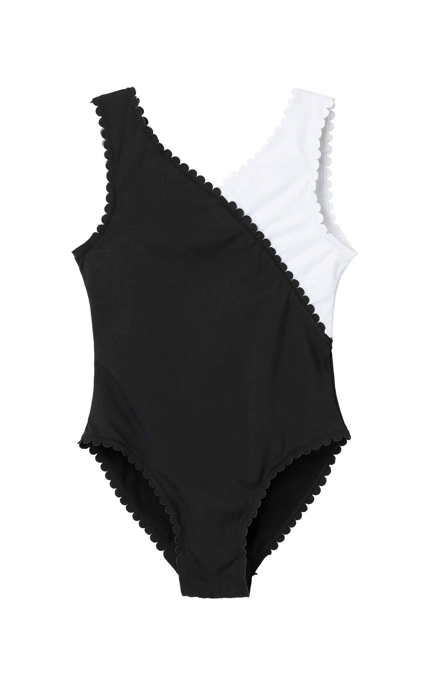 Black-and-white color block one-piece swimsuit with scalloped trim