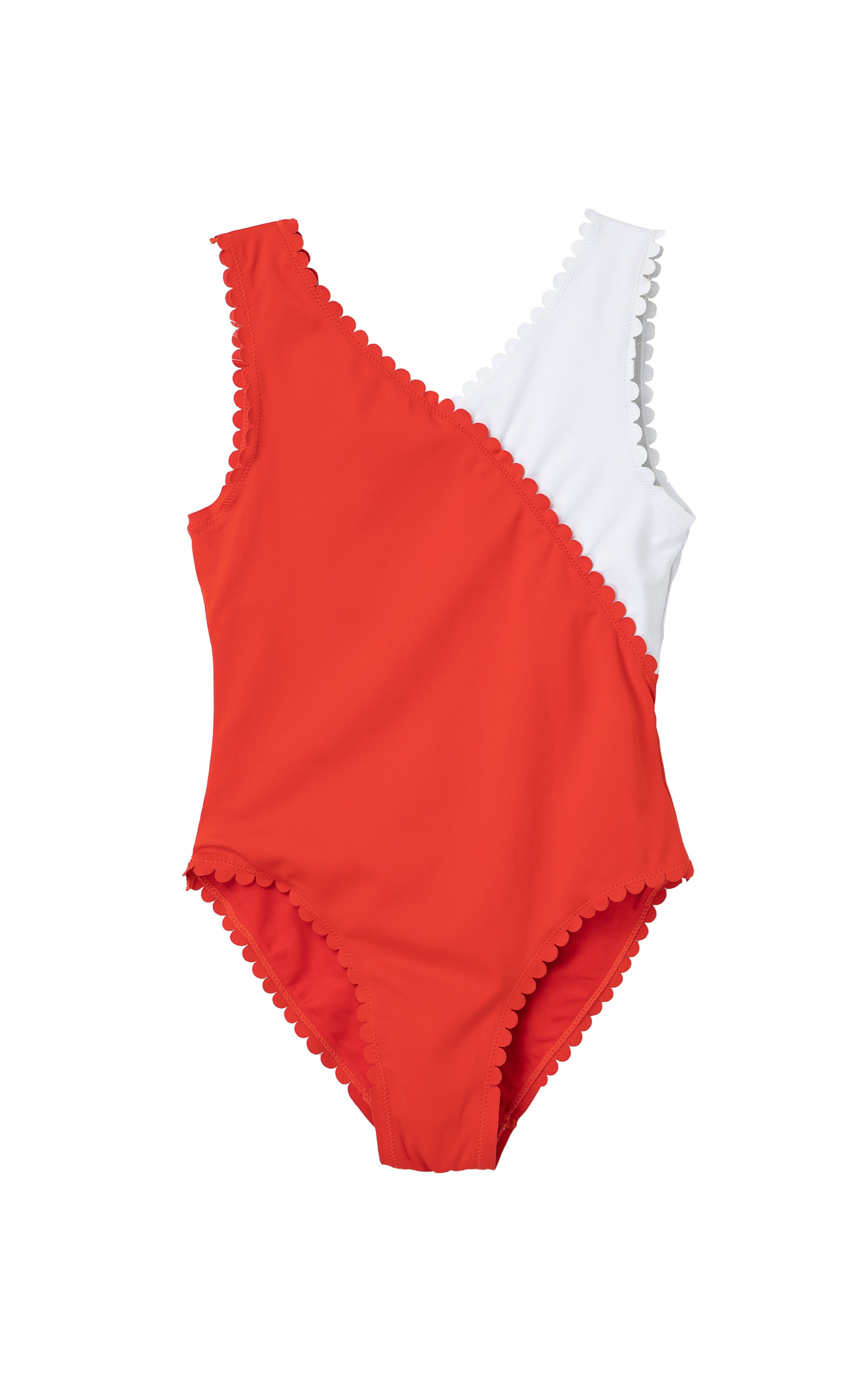 Red-and-white color block one-piece swimsuit with scalloped trim