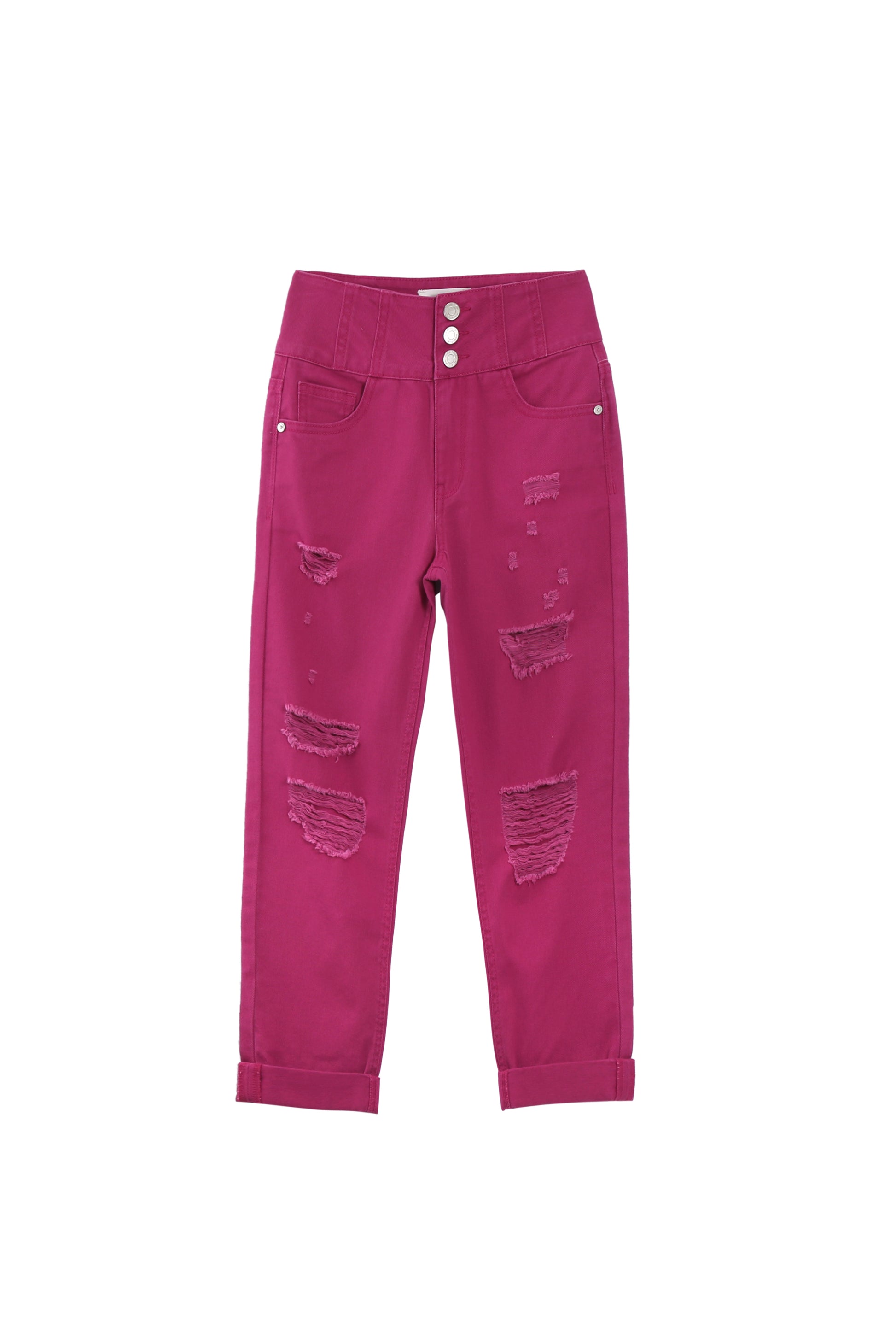 DEEP MAGENTA DISTRESSED CUFFED LEG HIGH RISE JEAN PANT WITH THREE BUTTON CLOSURE AND POCKETS