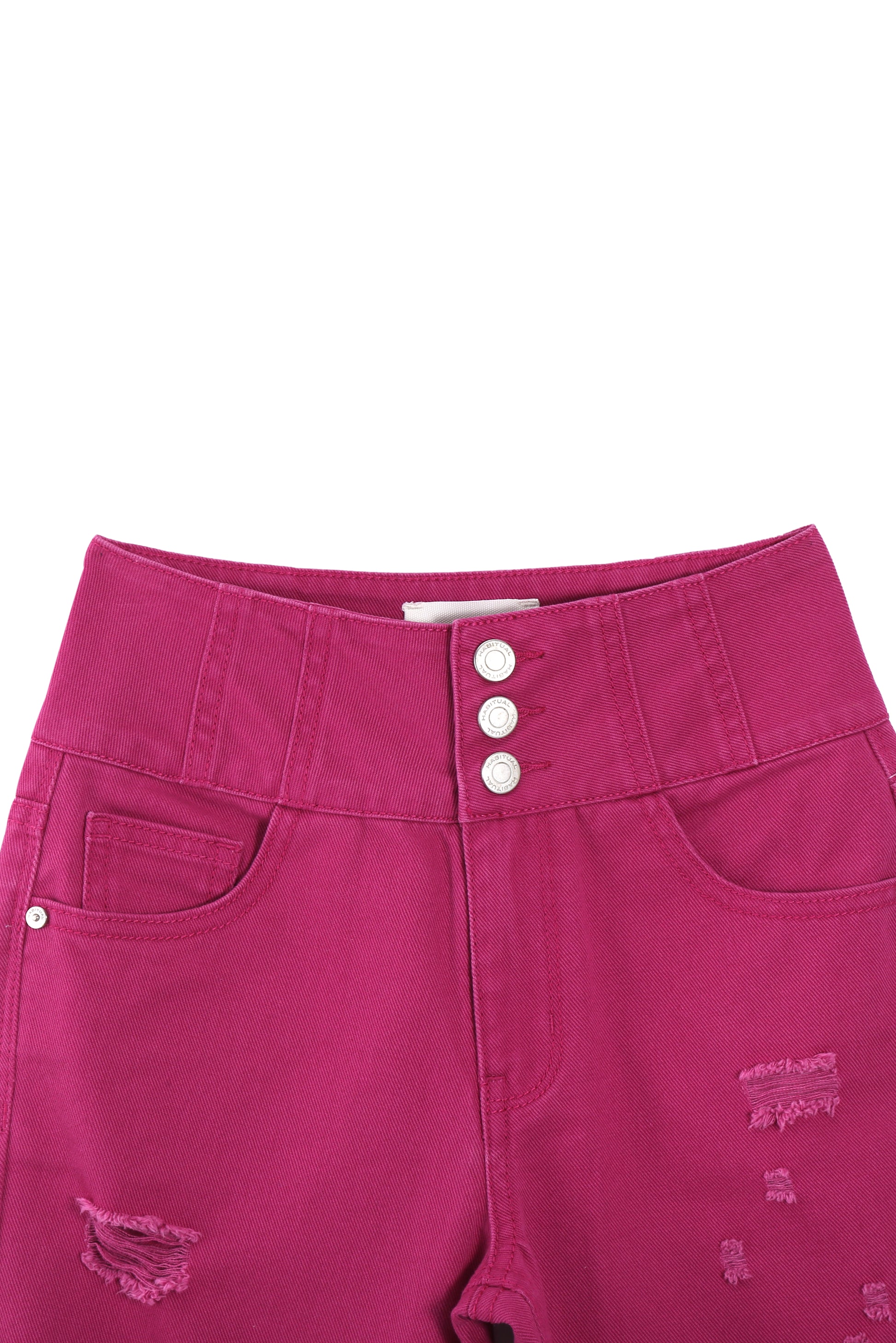FLAT LAY OF DEEP MAGENTA DISTRESSED CUFFED LEG HIGH RISE JEAN PANT WITH THREE BUTTON CLOSURE AND POCKETS
