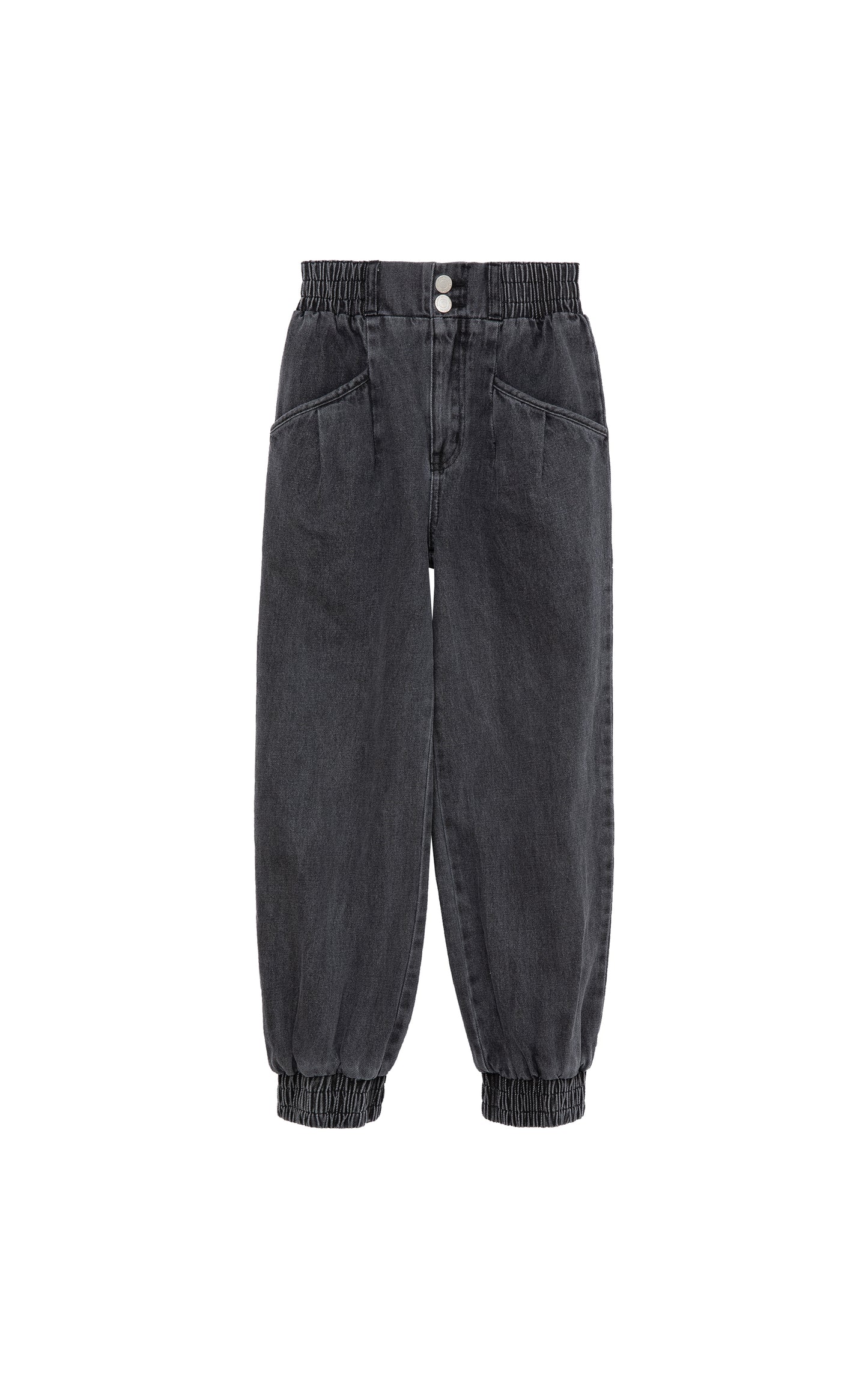 WASHED OUT BLACK DENIM PANTS WITH RUCHED ELASTIC WAISTBAND AND CUFFED ANKLES