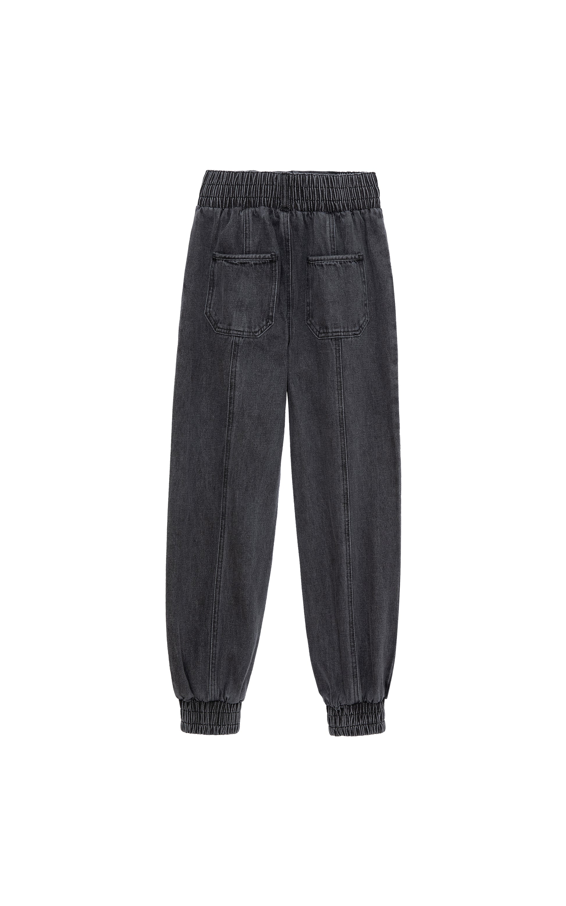 BACK OF WASHED OUT BLACK DENIM PANTS WITH RUCHED ELASTIC WAISTBAND AND CUFFED ANKLES