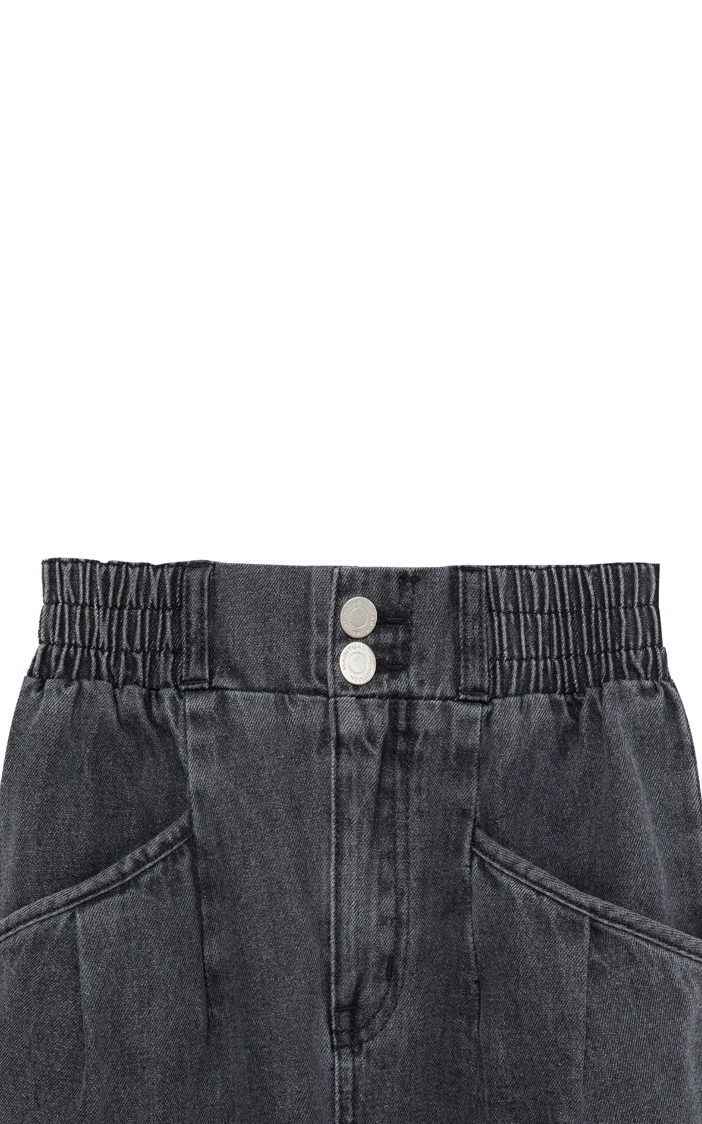 CLOSE UP OF WASHED OUT BLACK DENIM PANTS WITH RUCHED ELASTIC WAISTBAND AND CUFFED ANKLES
