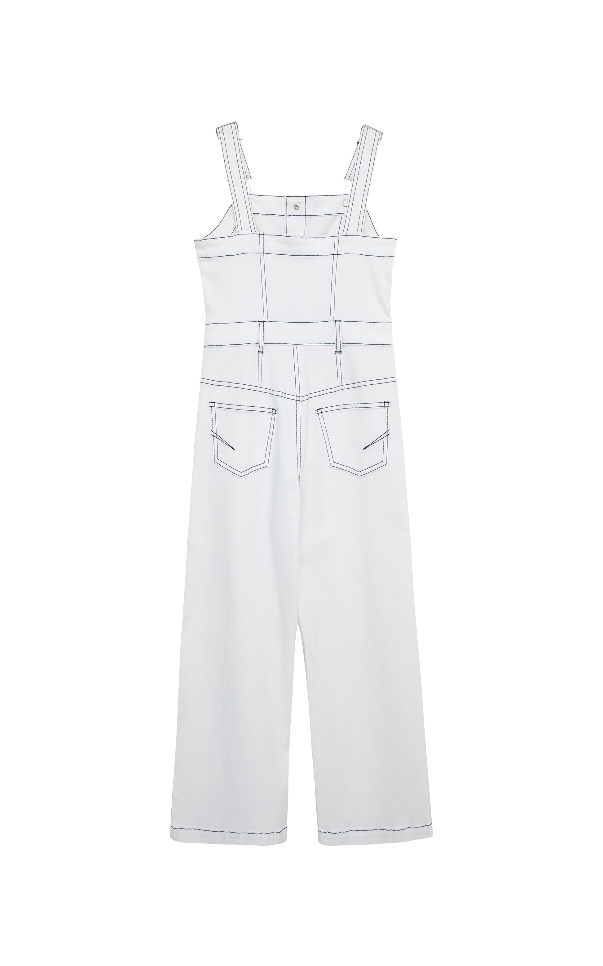 Back of white Henley wide leg overall-style jumpsuit