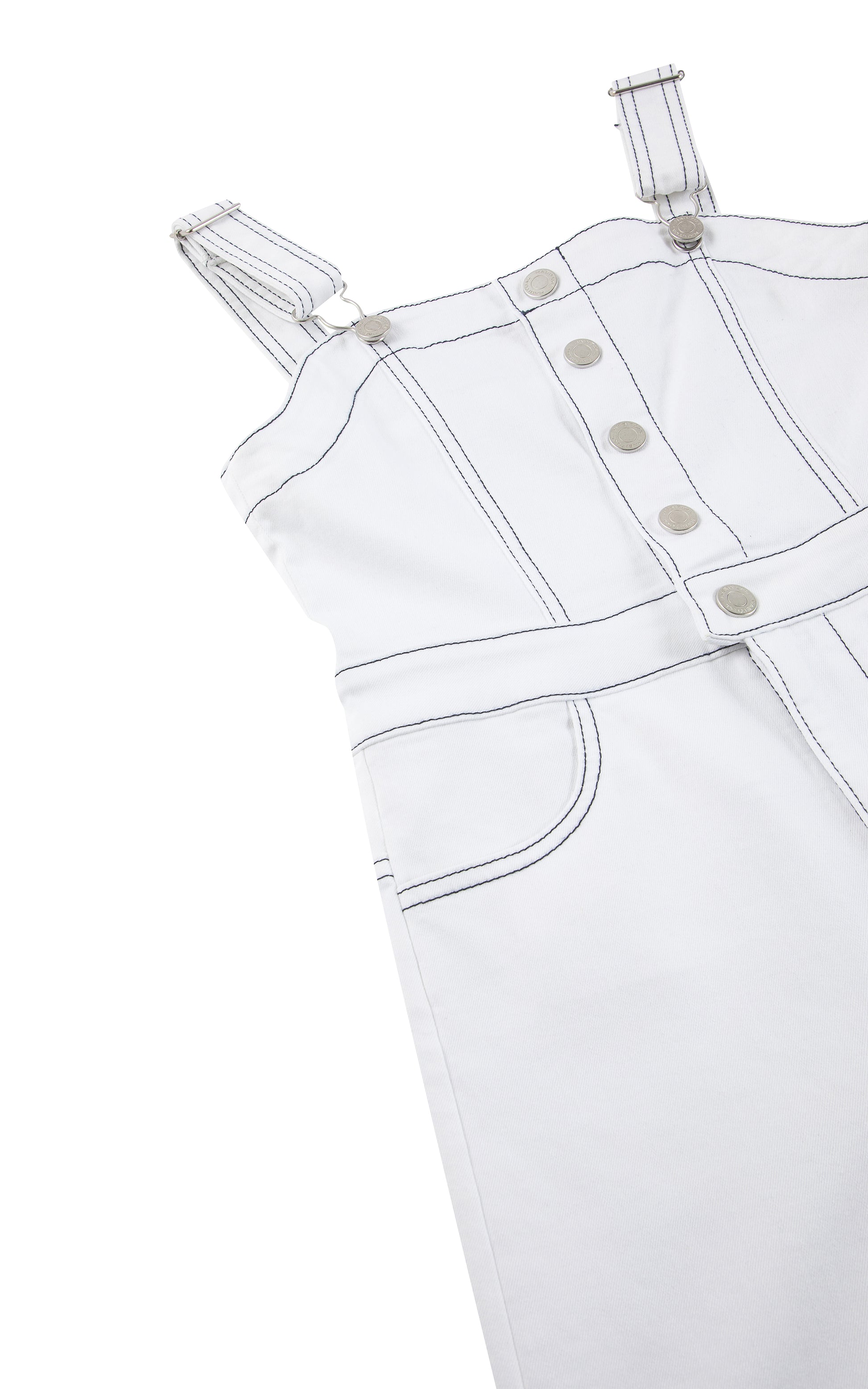 Close up of white Henley wide leg overall-style jumpsuit