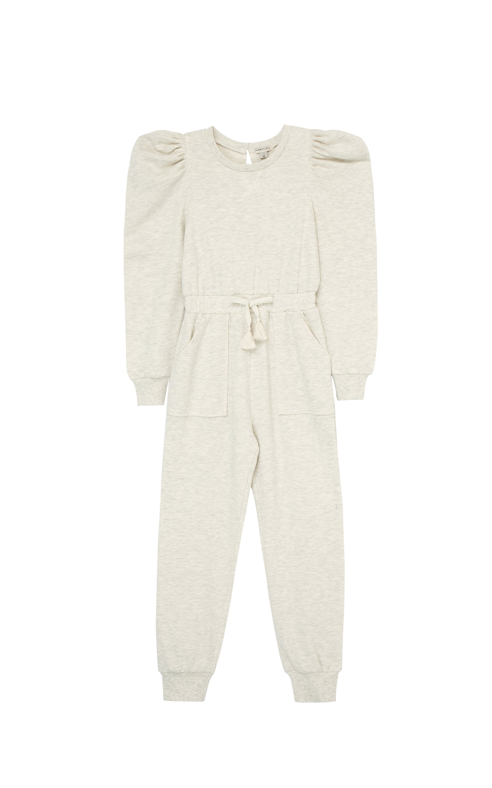 Front view of a grey French Terry jumpsuit with puff sleeves