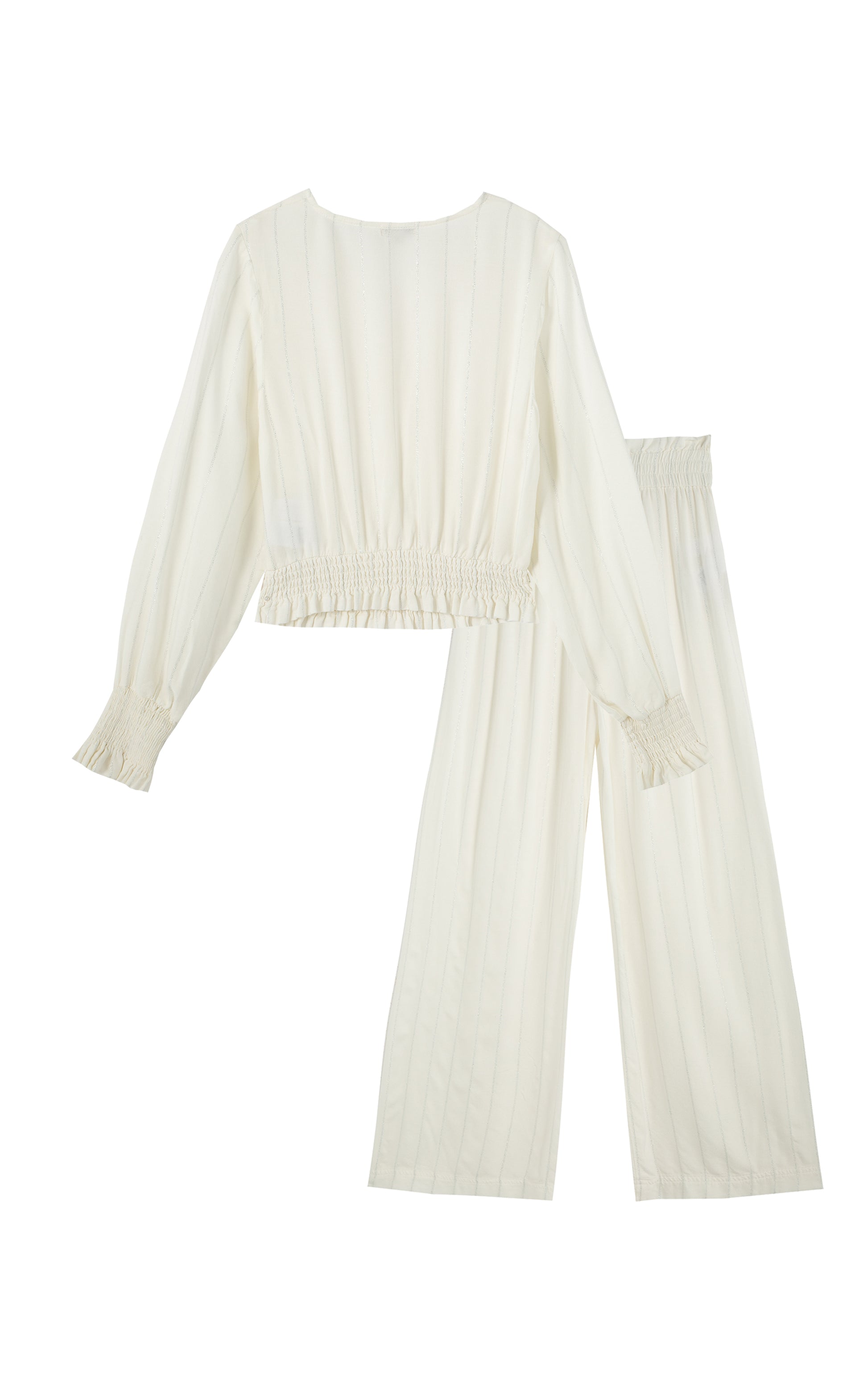 BACK OF WHITE WITH PALE GREY STRIPES LONG SLEEVE TOP AND MATCHING BAGGY WIDE LEG PANTS WITH SMOCKED WAIST