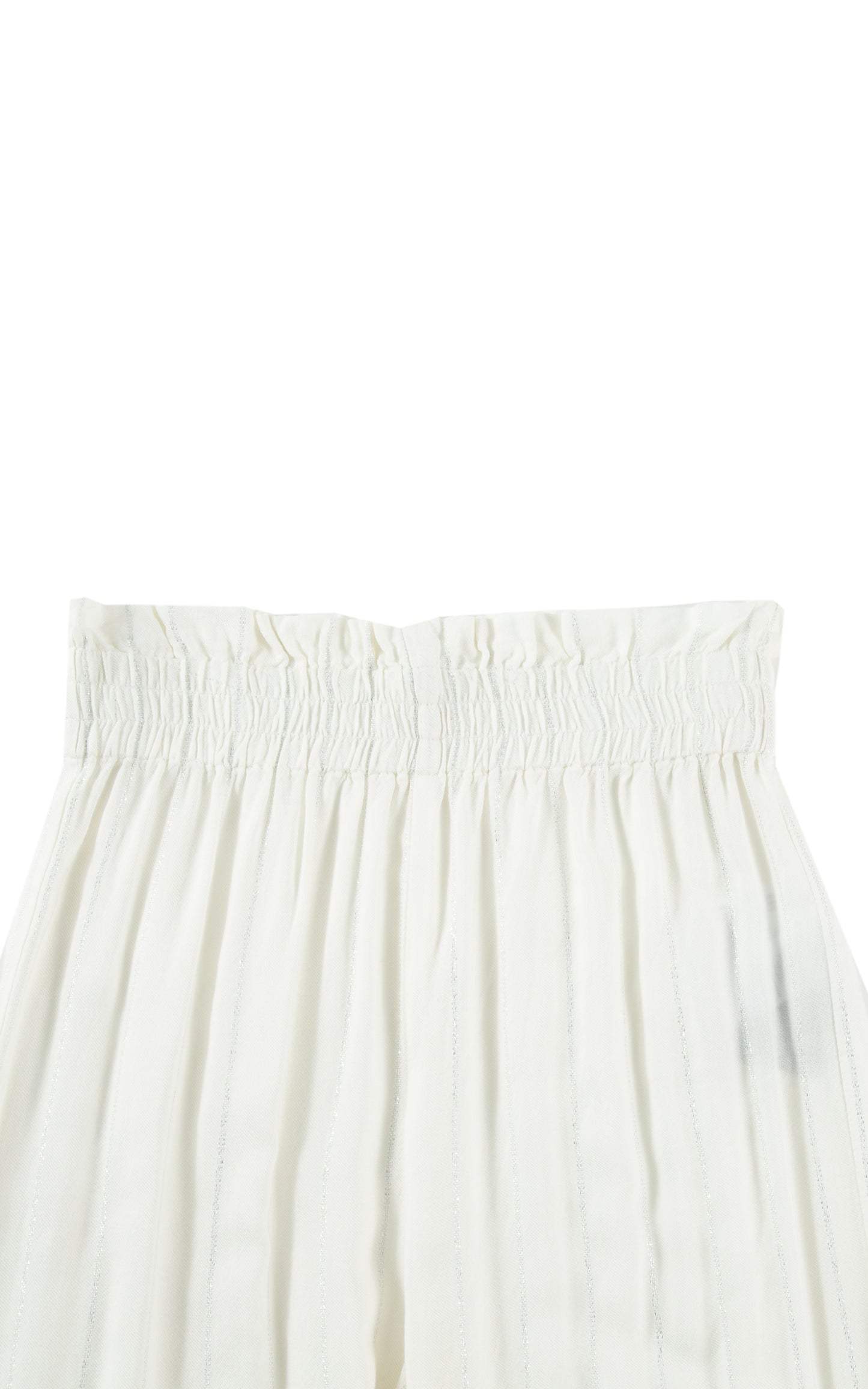 CLOSE UP OF WHITE BAGGY WIDE LEG PANTS WITH SMOCKED WAIST