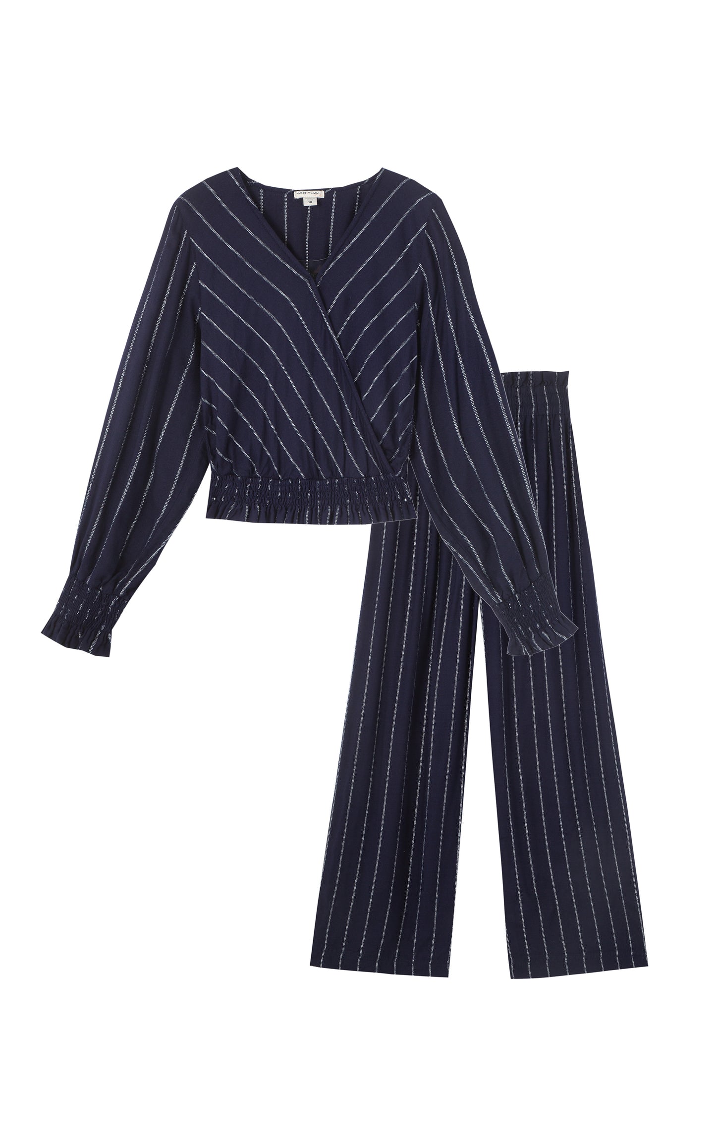 DARK BLUE WITH PALE GREY STRIPES LONG SLEEVE TOP AND MATCHING BAGGY WIDE LEG PANTS WITH SMOCKED WAIST