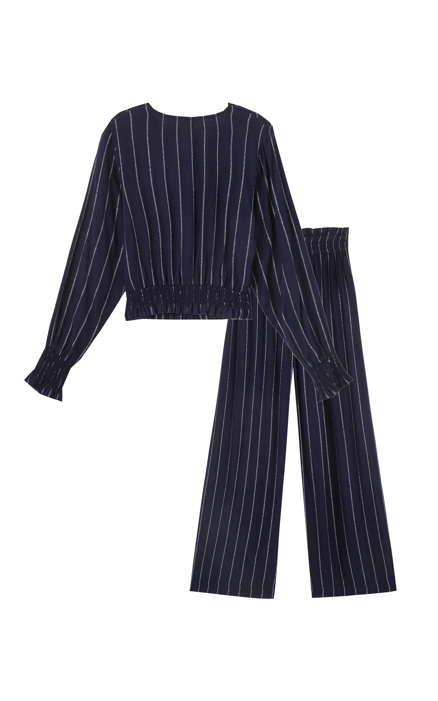 BACK OF DARK BLUE WITH PALE GREY STRIPES LONG SLEEVE TOP AND MATCHING BAGGY WIDE LEG PANTS WITH SMOCKED WAIST