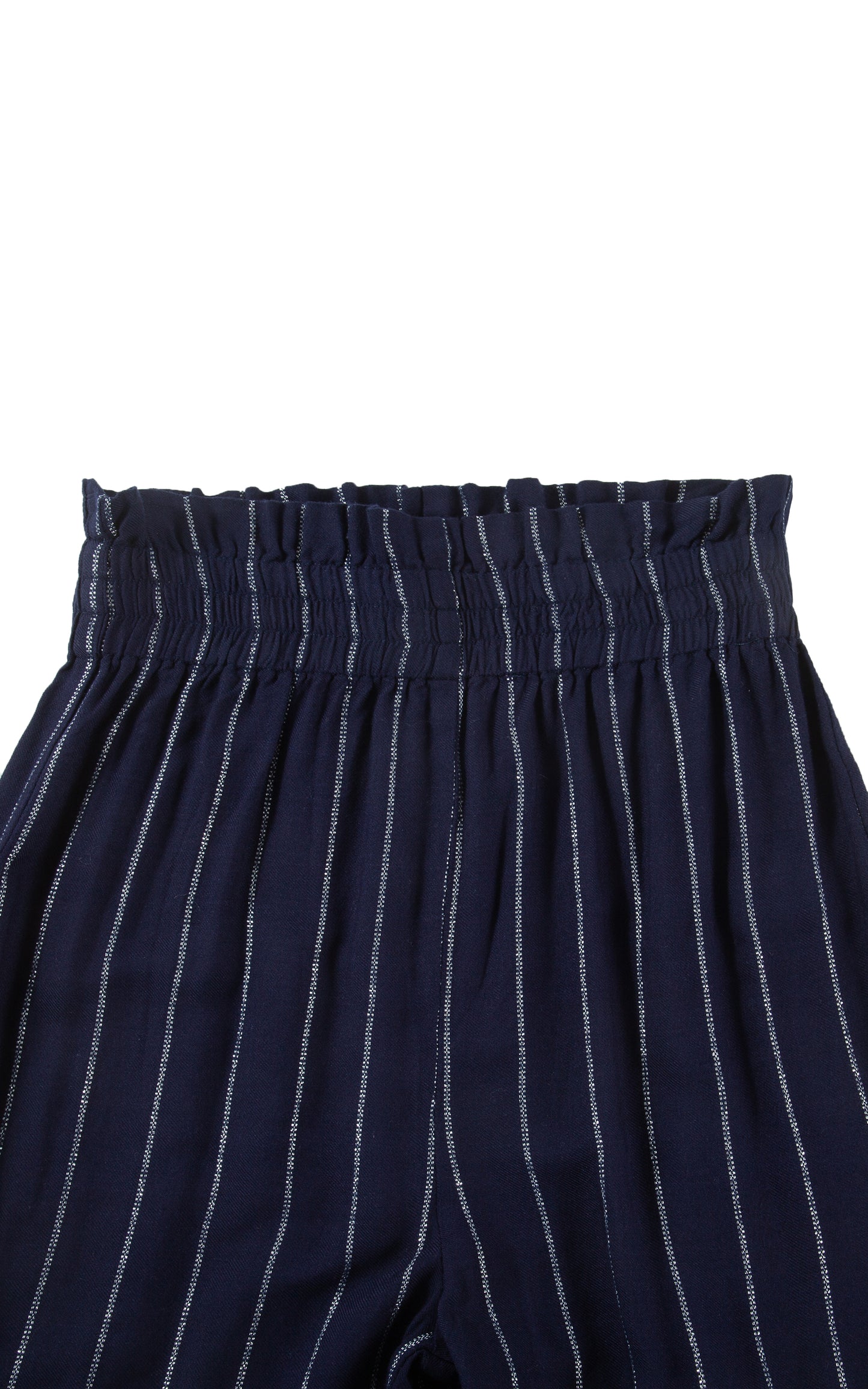 CLOSE UP OF DARK BLUE BAGGY WIDE LEG PANTS WITH SMOCKED WAIST