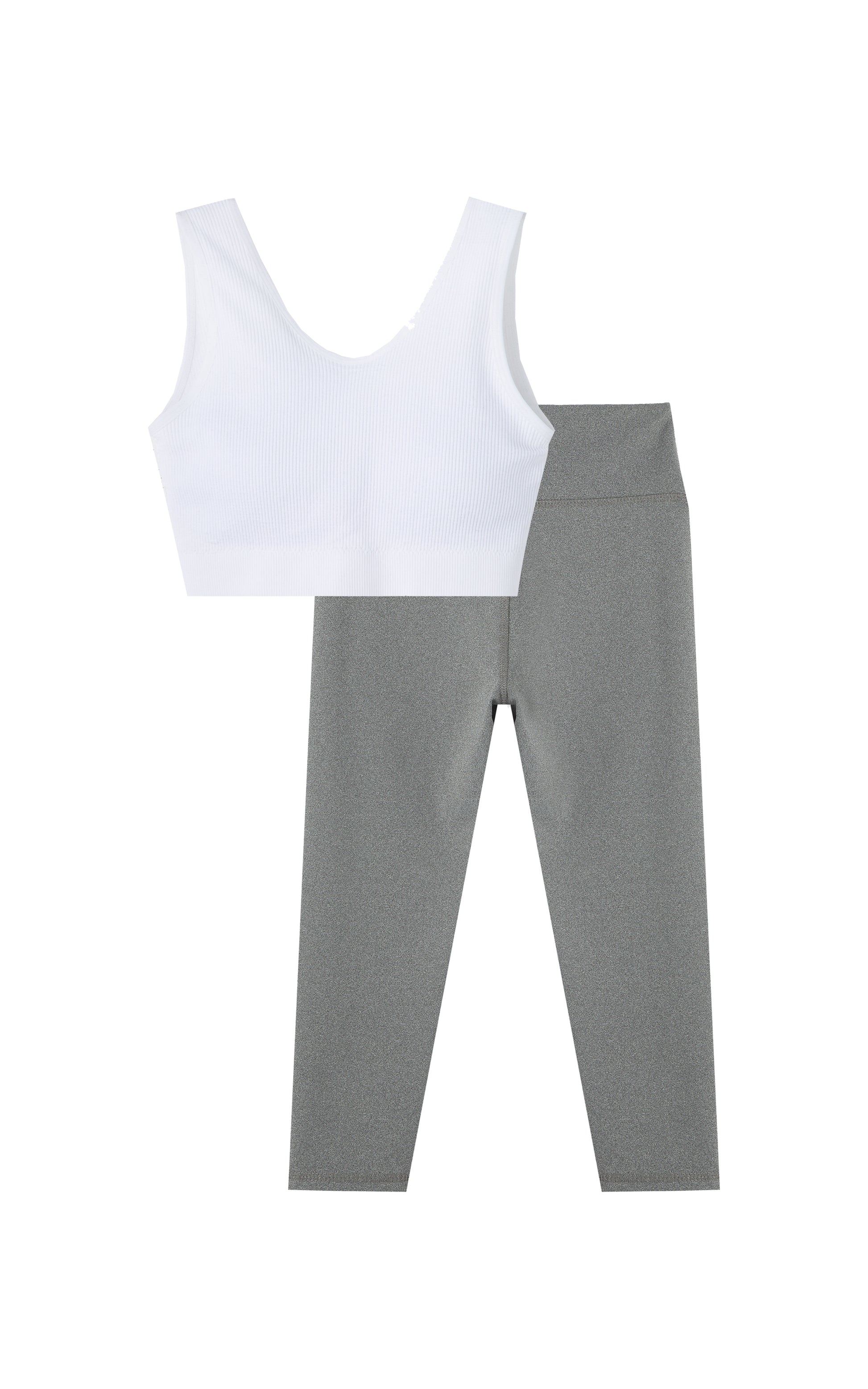 WHITE RIBBED CROP TOP SPORTS BRA AND GREY LEGGINGS