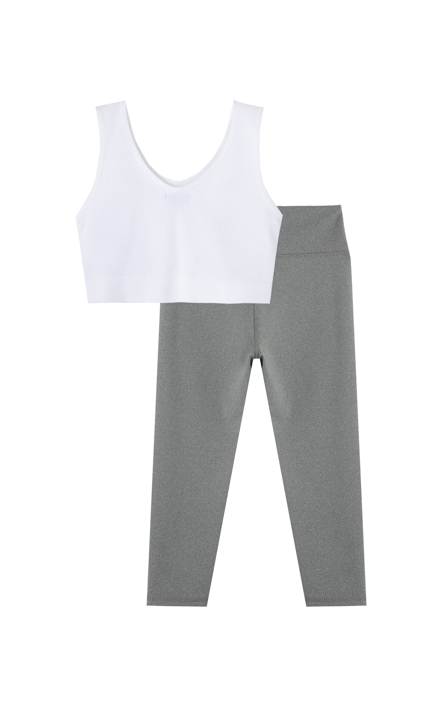 BACK OF WHITE RIBBED CROP TOP SPORTS BRA AND GREY LEGGINGS