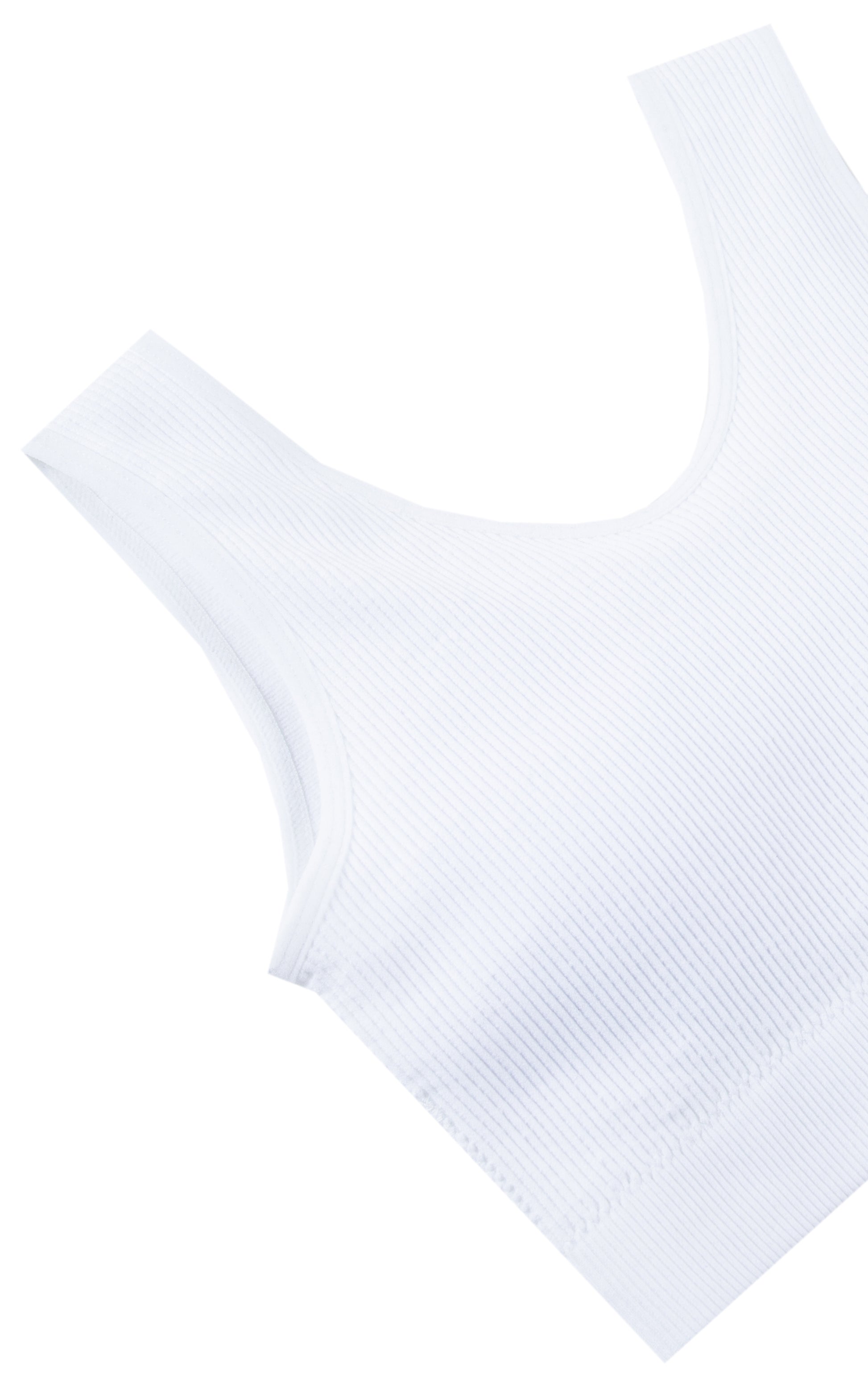 CLOSE UP OF WHITE RIBBED CROP TOP SPORTS BRA