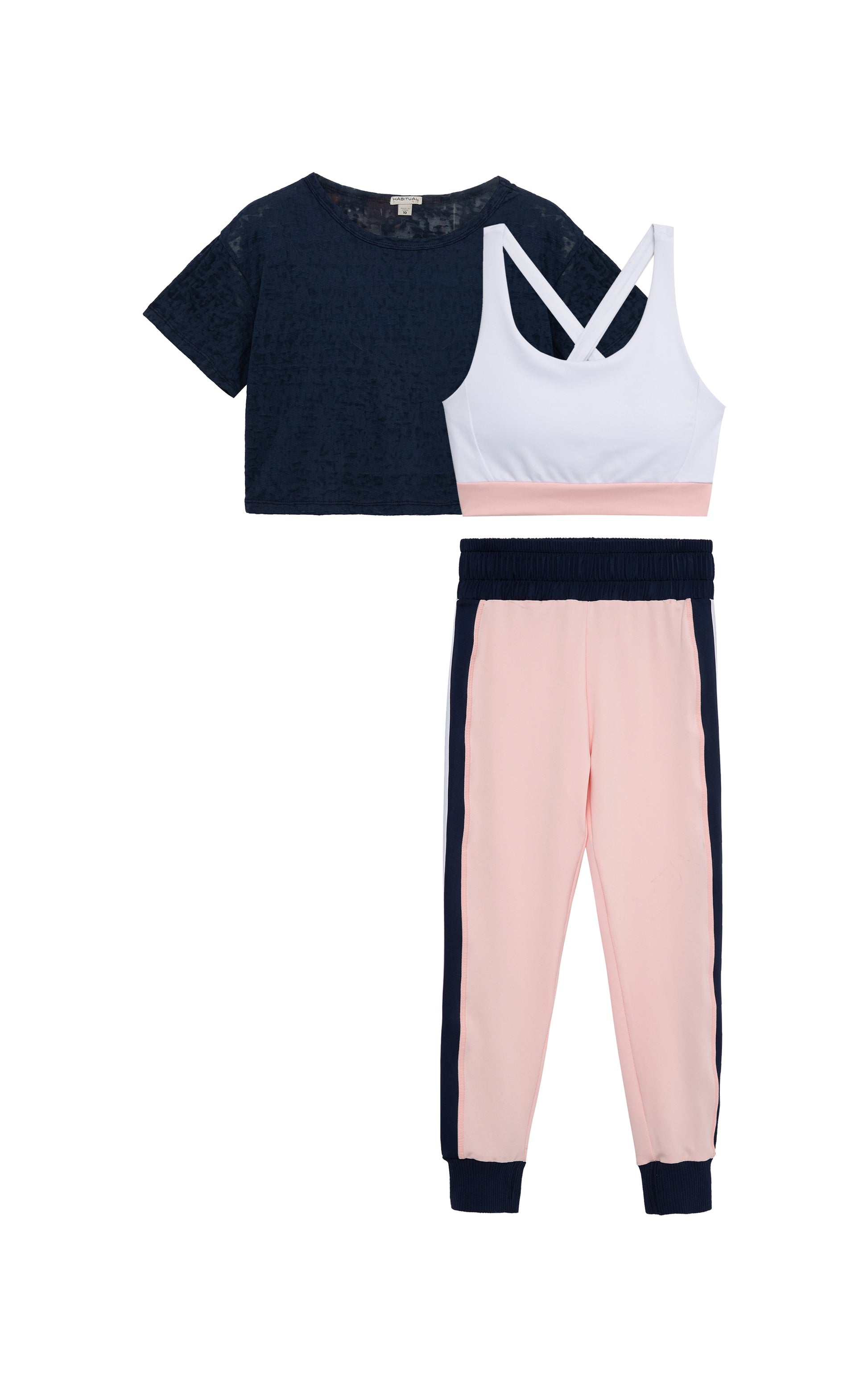 Three-piece active set including navy shirt, white tank top with pink bottom trim, and navy-and-pink leggings