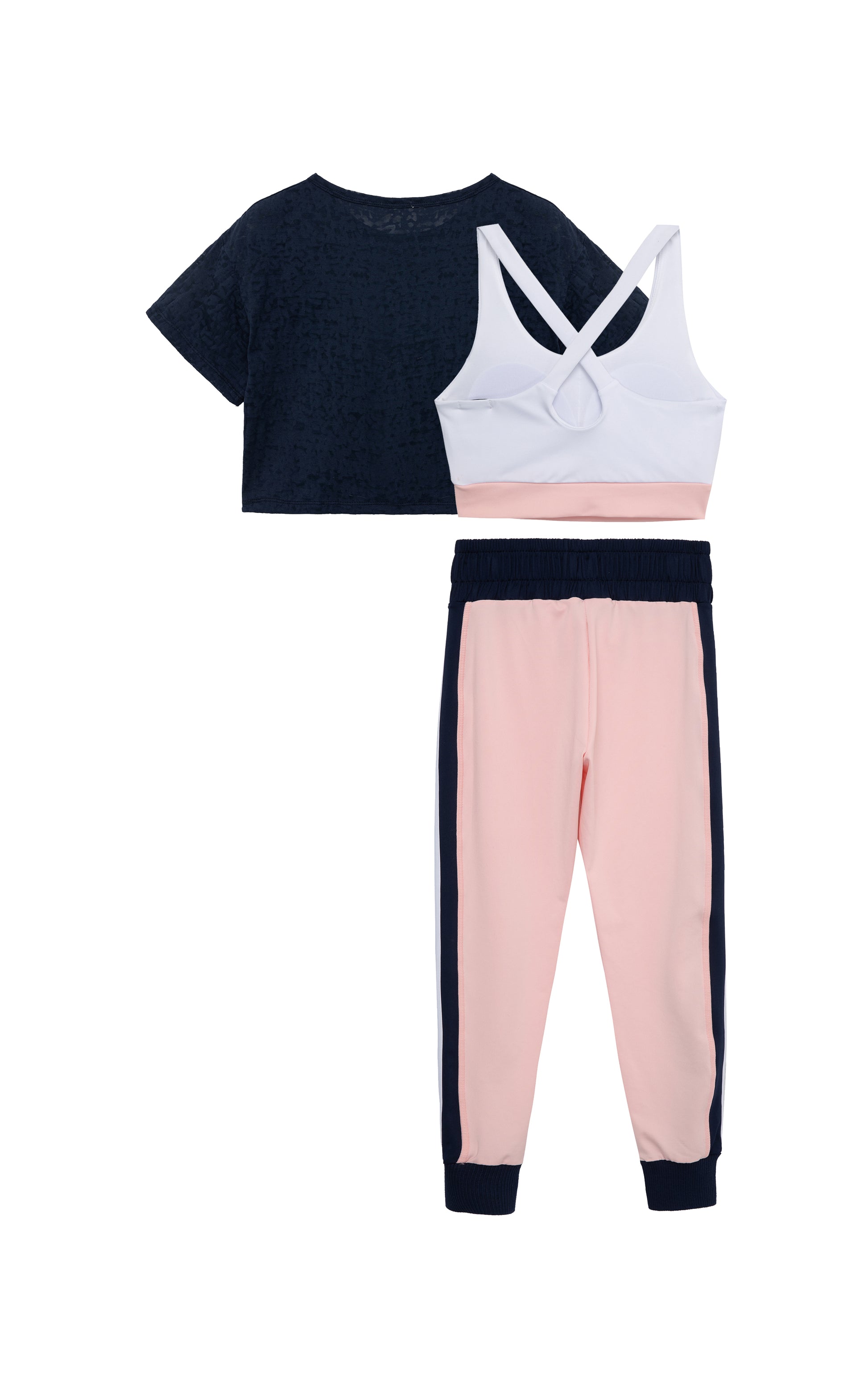Back of three-piece active set including navy shirt, white tank top with pink bottom trim, and navy-and-pink leggings