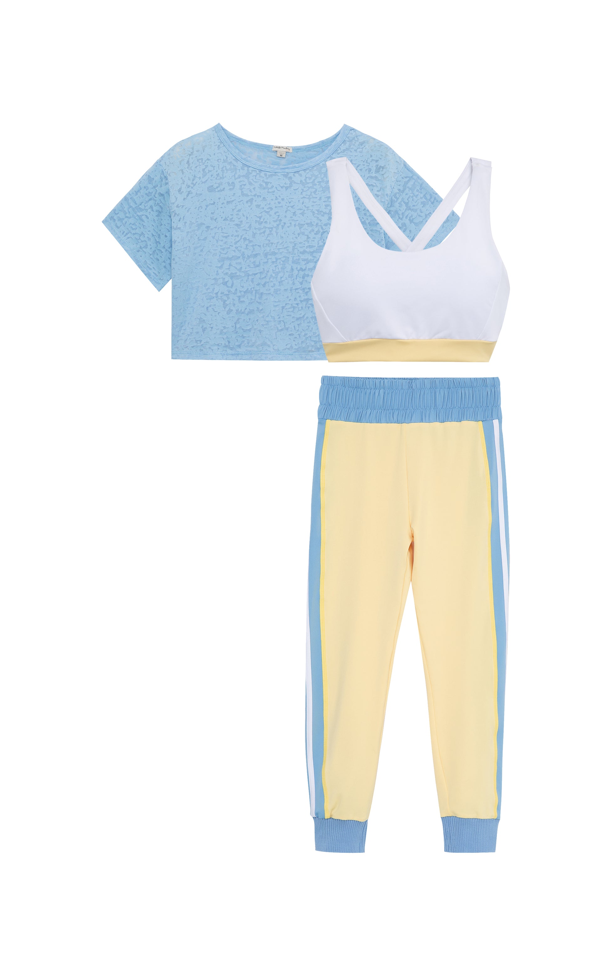 Three-piece active set including baby blue shirt, white tank top with yellow bottom trim, and baby-blue-and-yellow leggings with white stripes