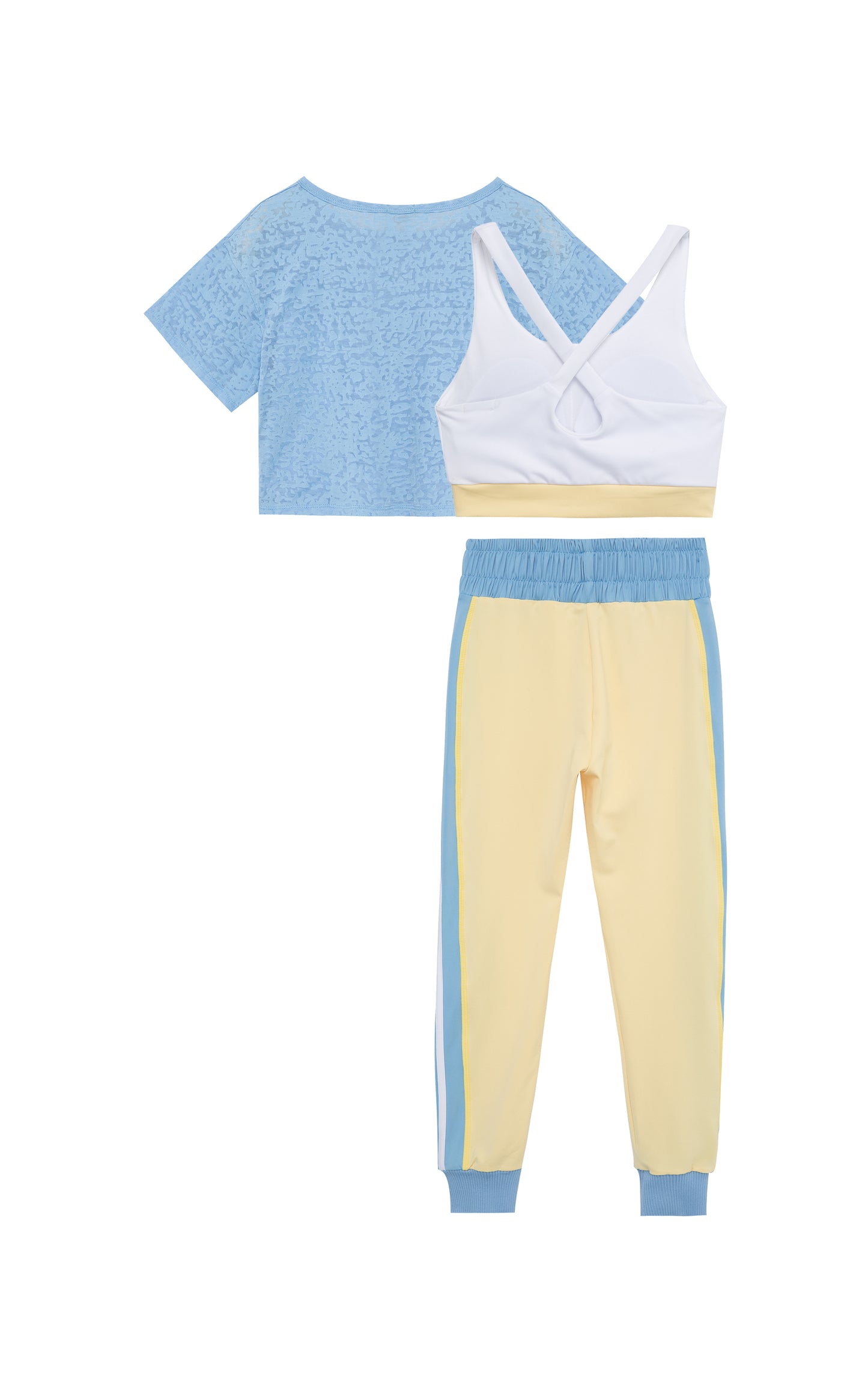 Back of three-piece active set including baby blue shirt, white tank top with yellow bottom trim, and baby-blue-and-yellow leggings with white stripes