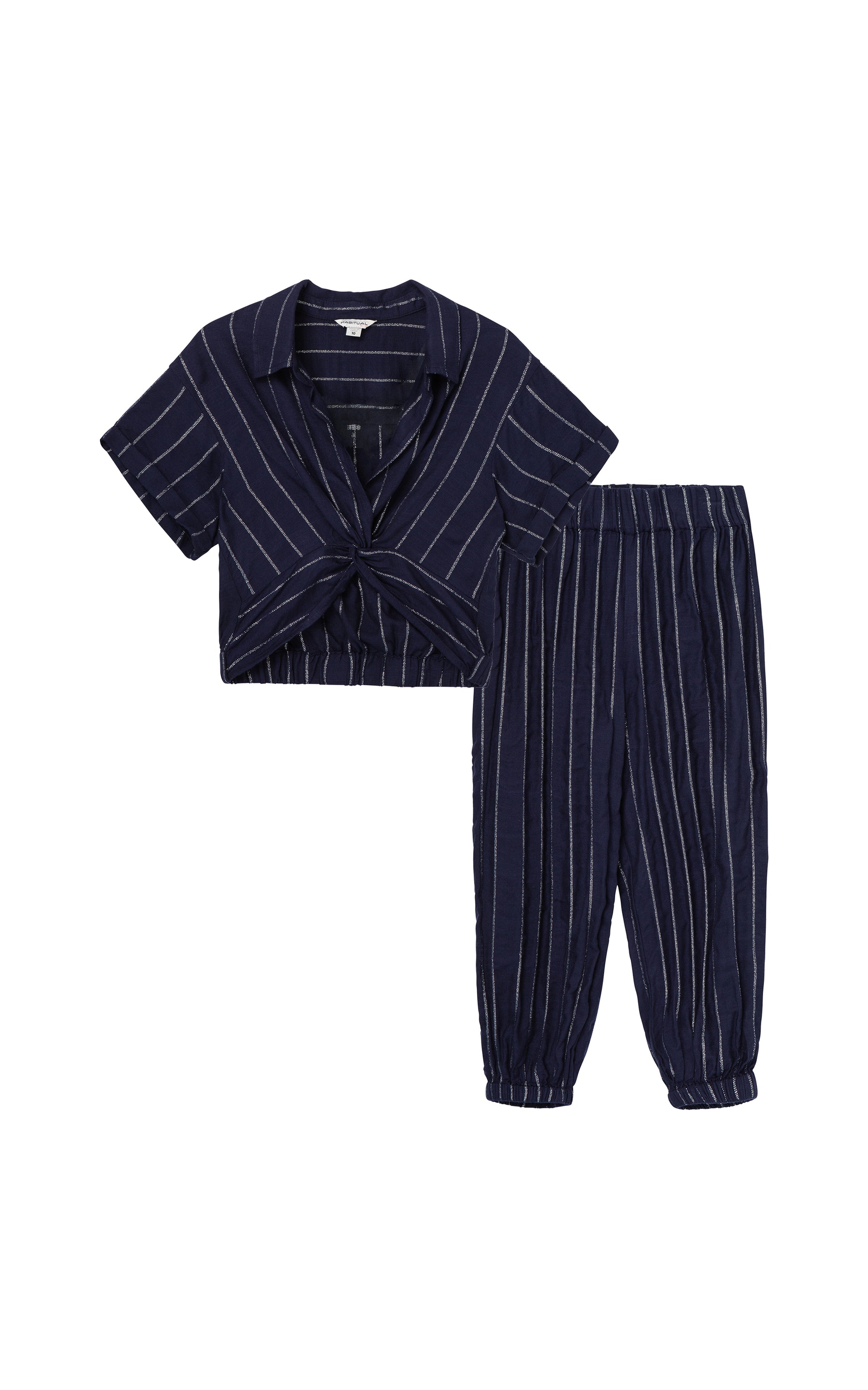 Navy blouse and pants with white stripes, collar & twist ties