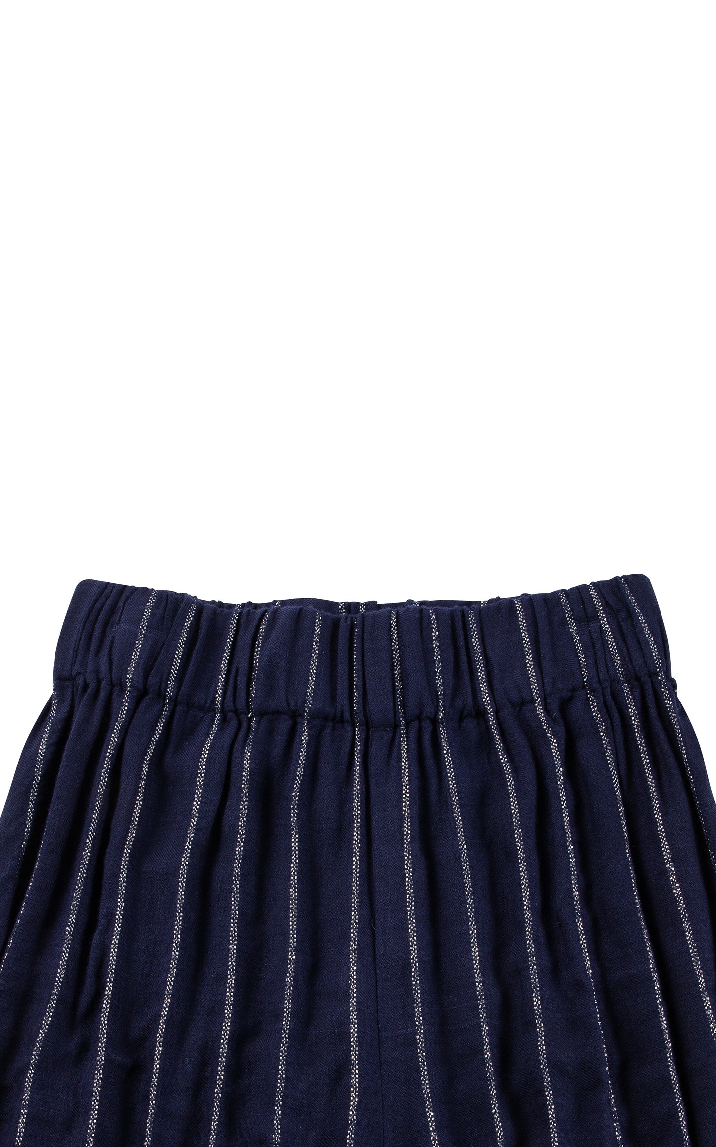 Close up of navy pants with white stripes