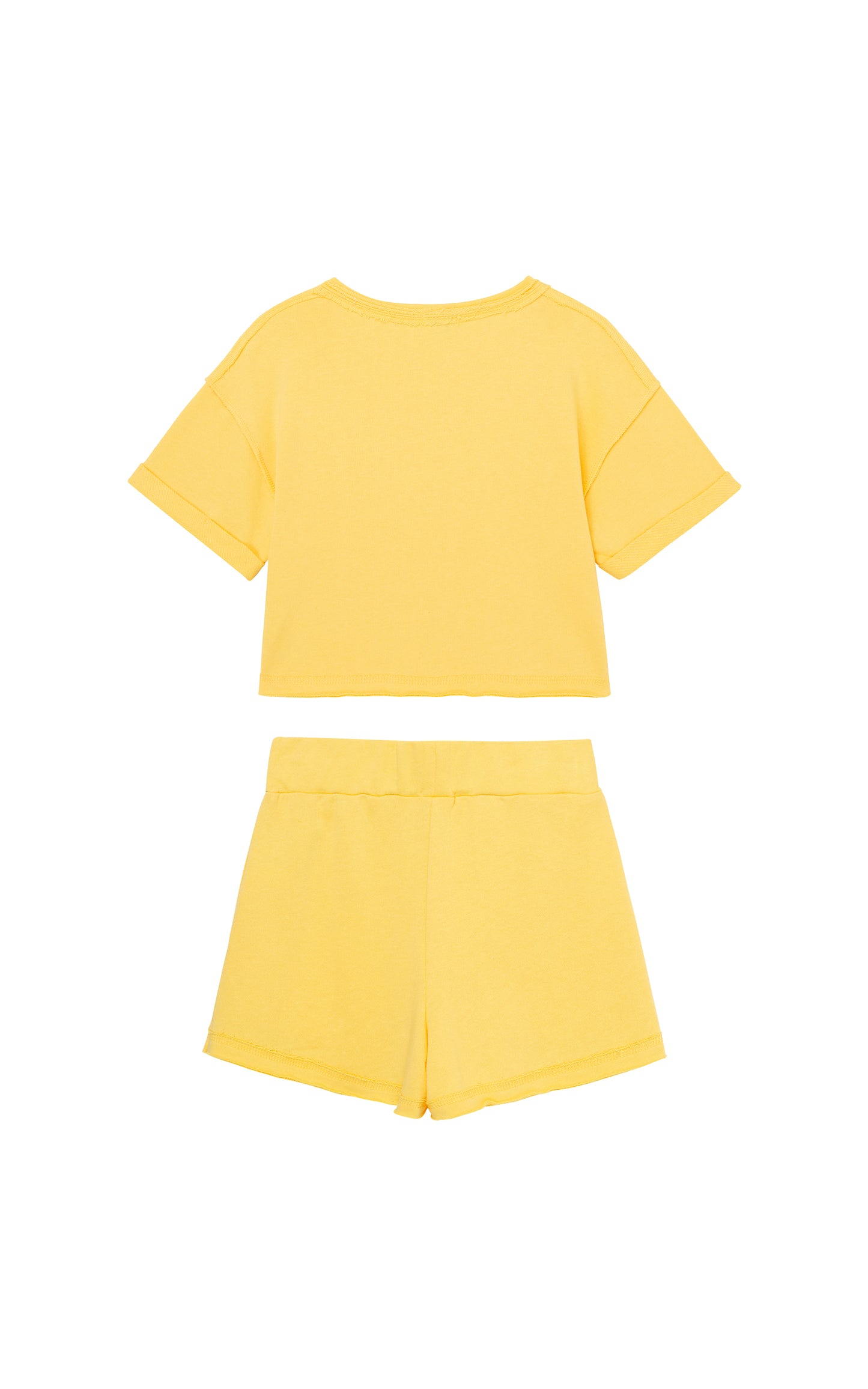 Back of yellow French terry cloth shirt and short set