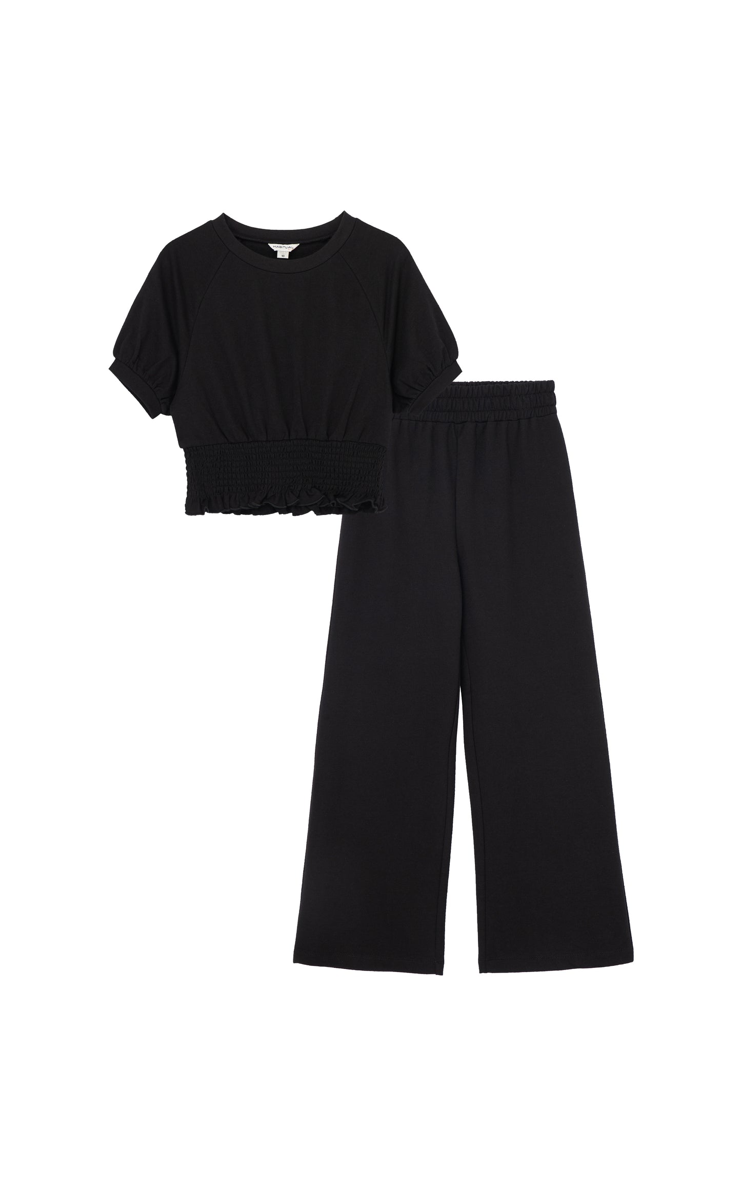 BLACK SHORT-SLEEVE SWEATSHIRT WITH RUCHED WAIST AND MATCHING SWEATPANTS WITH RUCHED WAISTBAND AND FLARED BOTTOMS
