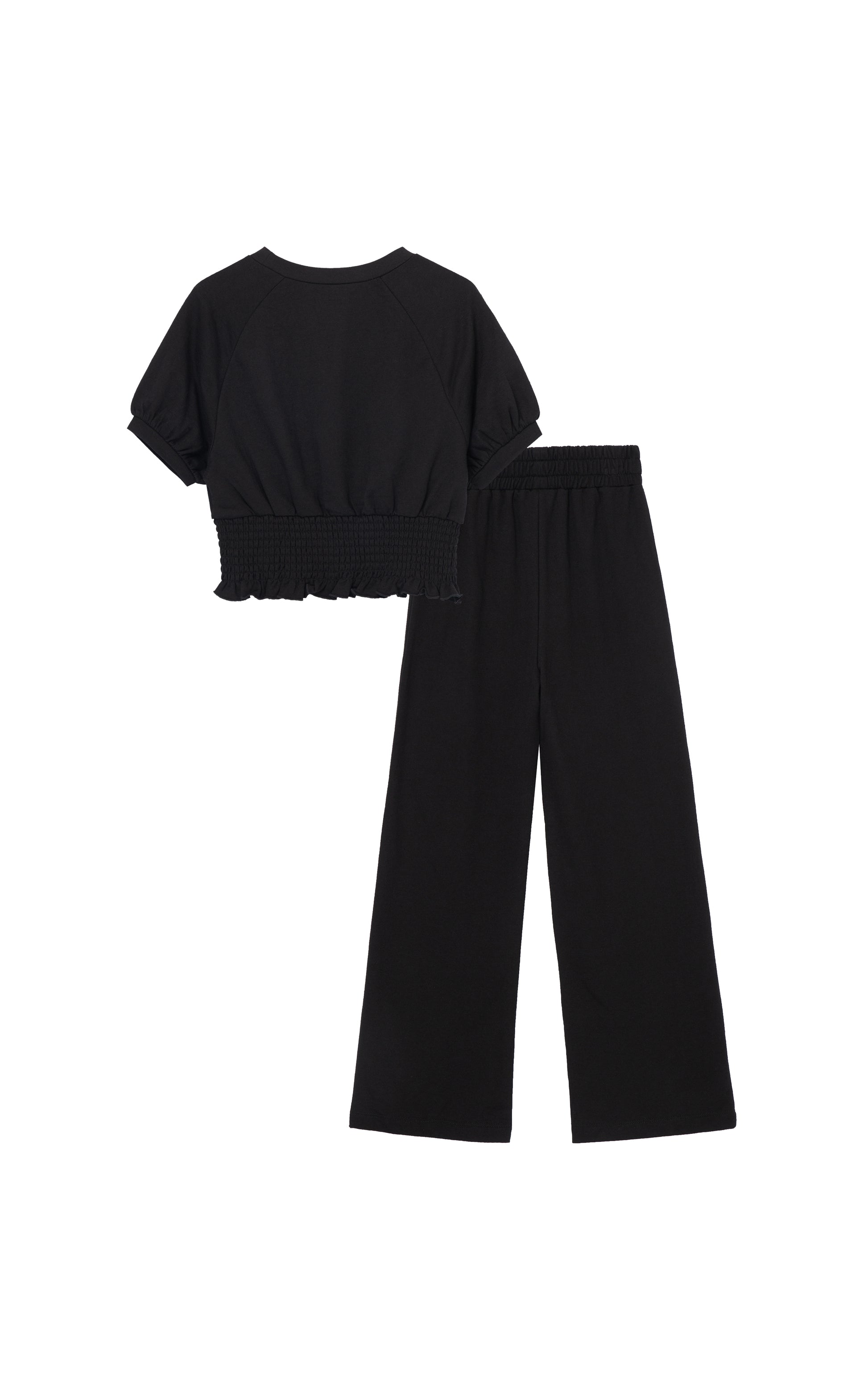 BACK OF BLACK SHORT-SLEEVE SWEATSHIRT WITH RUCHED WAIST AND MATCHING SWEATPANTS WITH RUCHED WAISTBAND AND FLARED BOTTOMS